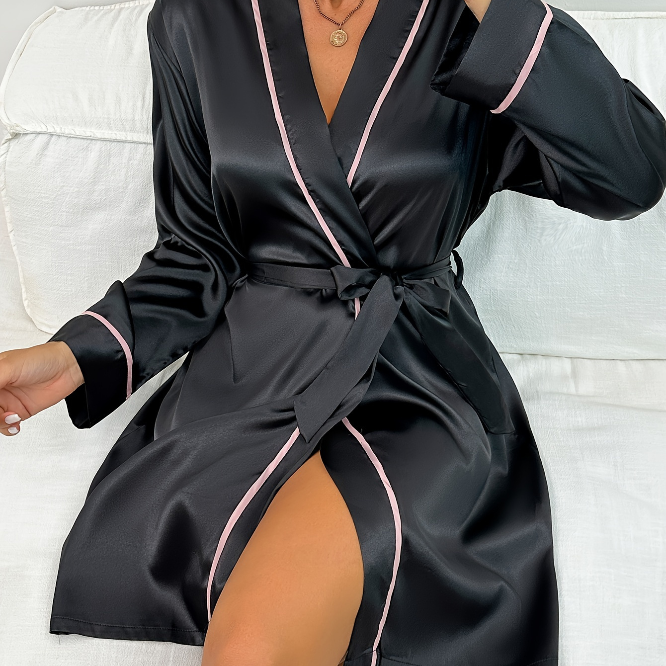 

Women's Elegant Satin Robe With Piping, 100% Polyester V-neck Belted Nightgown, Sexy Sleepwear, Woven Dressing Gown For Adults - Solid Color Lightweight Loungewear