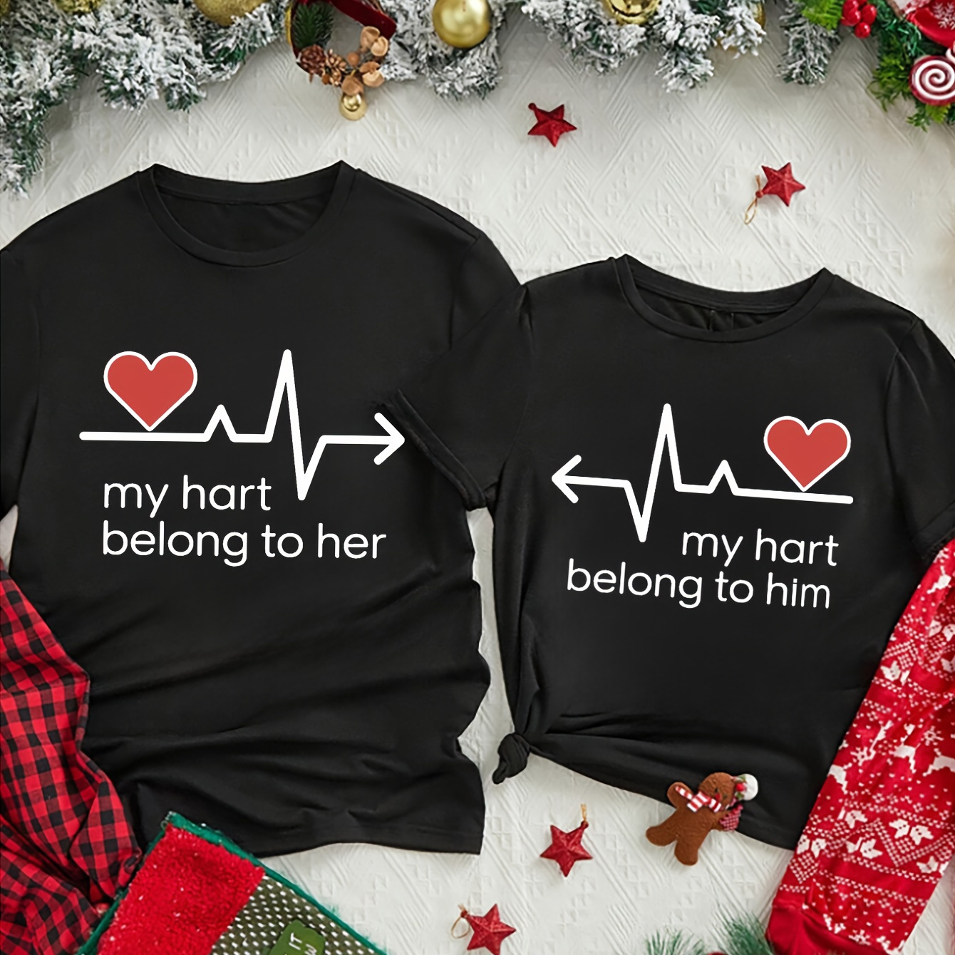 

Heartbeat Graphic T-shirts - Casual Polyester , Machine Washable, Round Neck - Black With Red & , Couples, To Him/her