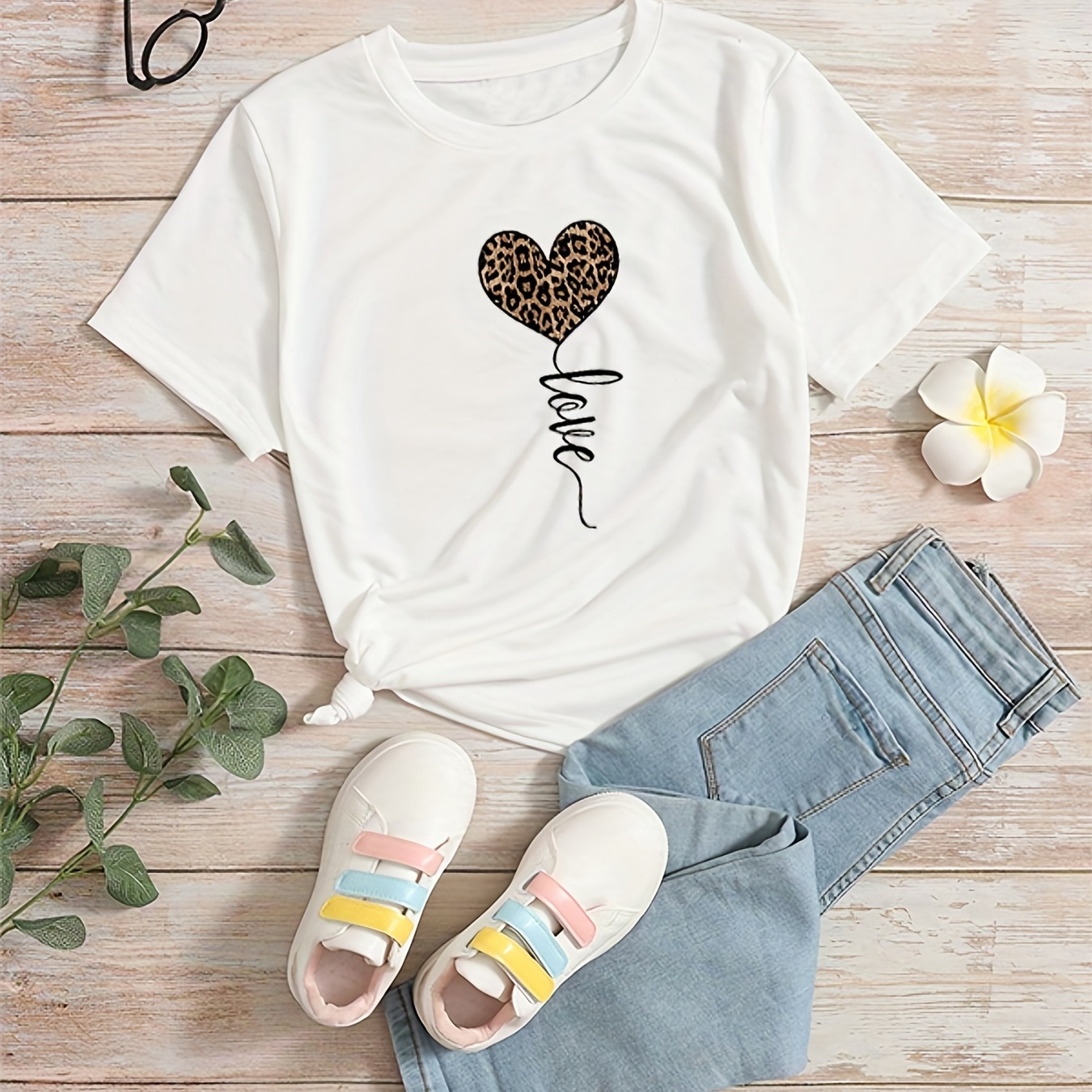 SHEIN Tween Girl Heart & Leopard Print Sweatshirt