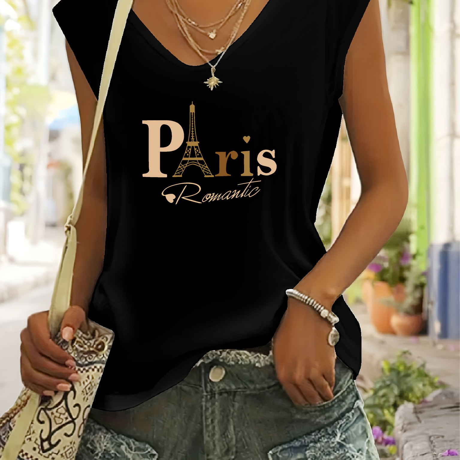 

Paris Print V-neck T-shirt, Casual Cap Sleeve Top For Spring & Summer, Women's Clothing