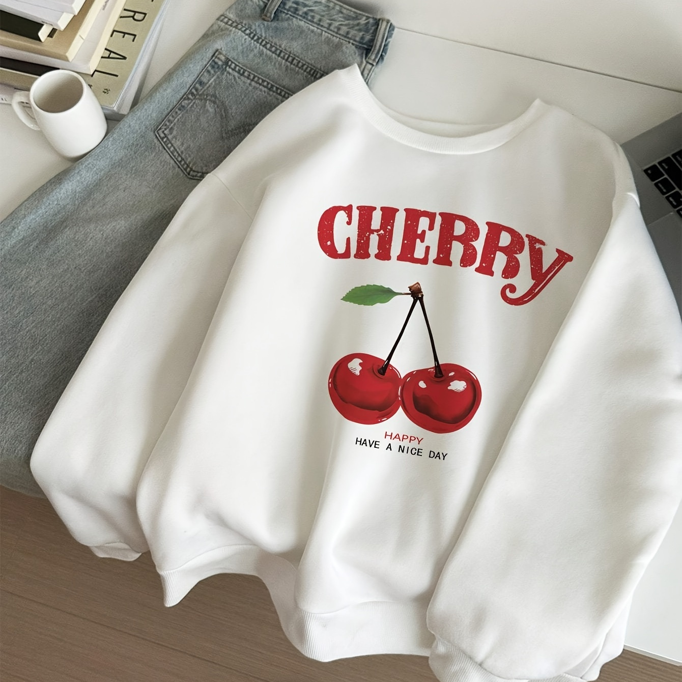 

Women's Casual White Cherry Print Round Neck Loose Long Sleeve Sweatshirt, Polyester Knit Fabric, Fashionable Autumn/winter Top