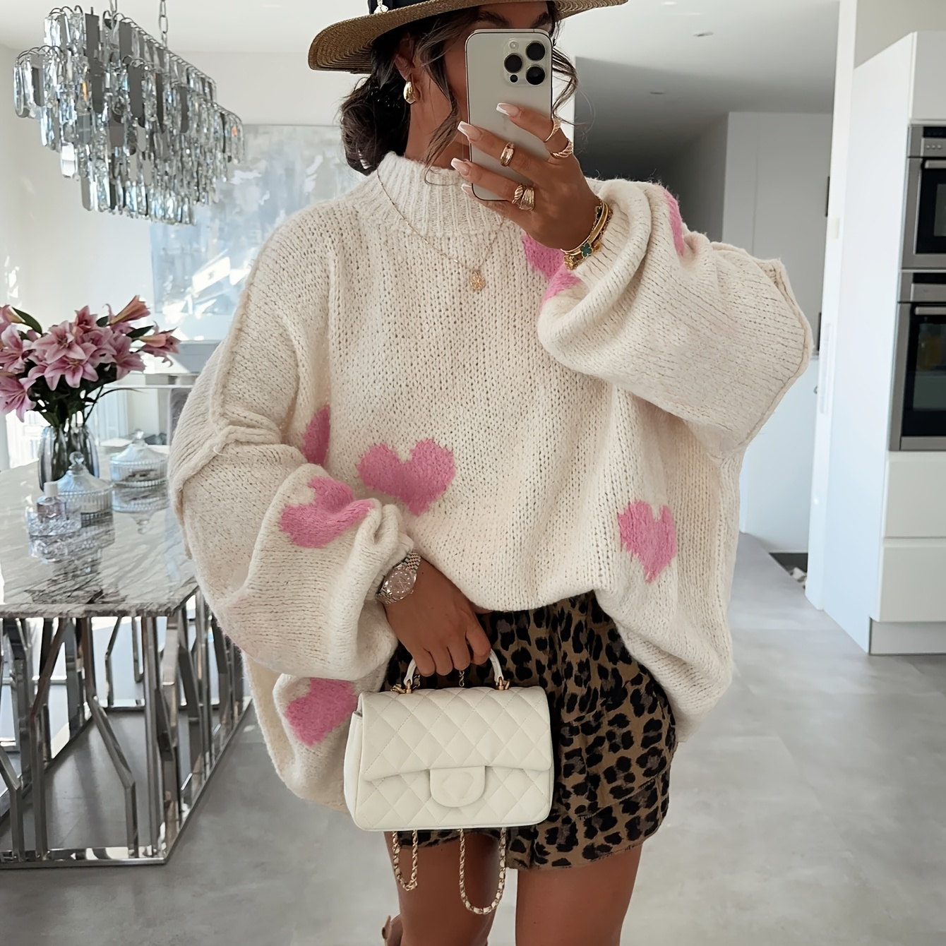 

Elegant High Neck Rib-knit Pullover Sweater, Polyester , Long Sleeve, Loose Fit, With Heart Jacquard, For Fall/winter