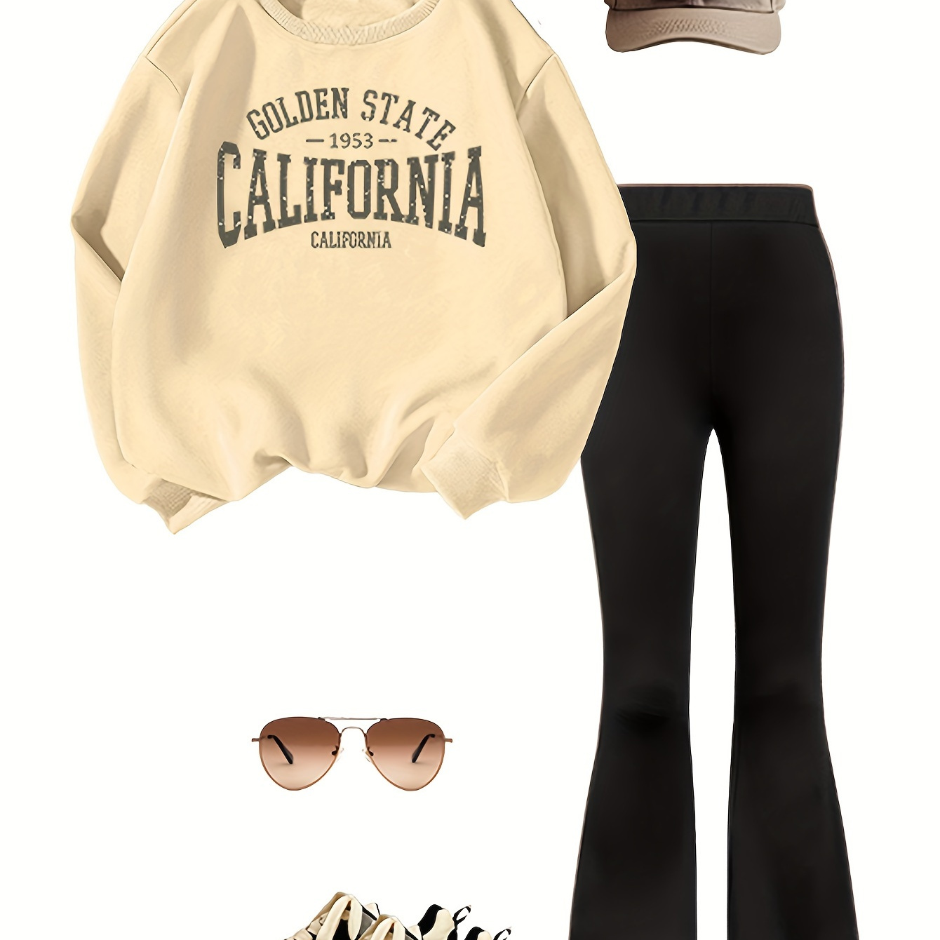 

2-piece 1953 California Letter Print Girl's Trendy Casual Slightly Stretch Round-neck Long Sleeve Sweatshirt And Comfy Bell-bottom Long Pants, Ideal Outfits For Spring