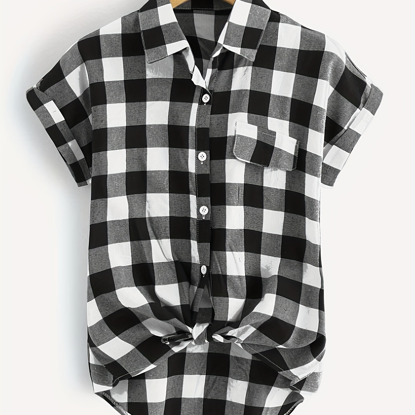 

Plaid Print Single-breasted Blouse, Casual Collared Knot Front Short Sleeve Blouse For Spring & Summer, Women's Clothing