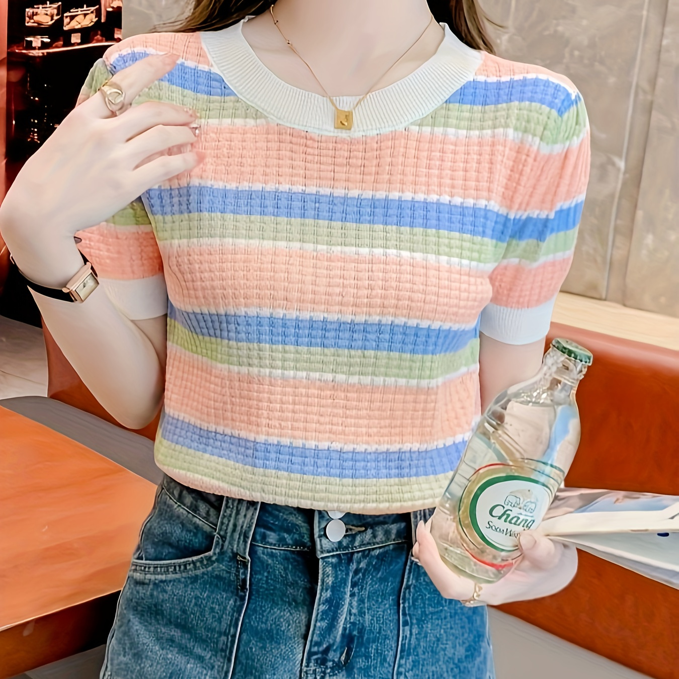 

Striped Pattern Crew Neck Sweater, Casual Short Sleeve Pullover Sweater For Spring & Summer, Women's Clothing