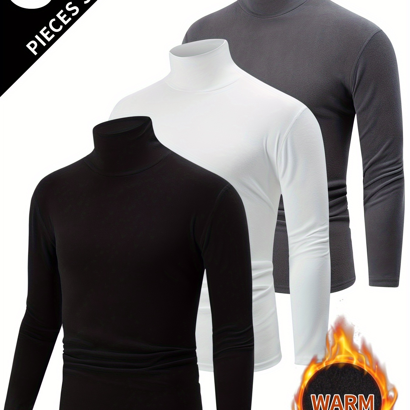 

3pcs Men's Fleece-lined Turtleneck Long Sleeve T-shirts - Warm, Casual Pullovers For Fall/winter