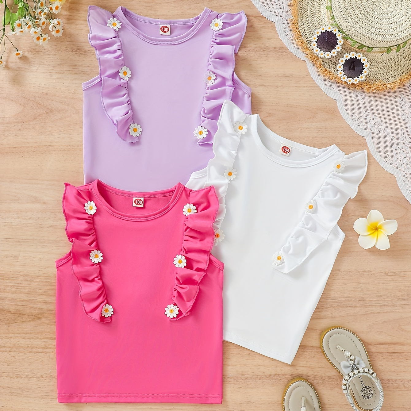 

3pcs, Flower Decor Ruffle Trim Sleeveless T-shirt Set For Girls Summer Holiday Gift Party