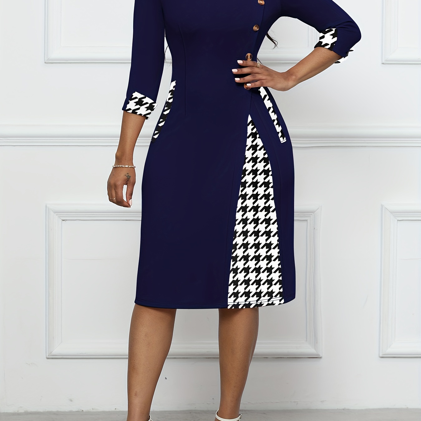 

Houndstooth Pattern Color Block Dress, Elegant Crew Neck Button Decor Dress, Women's Clothing