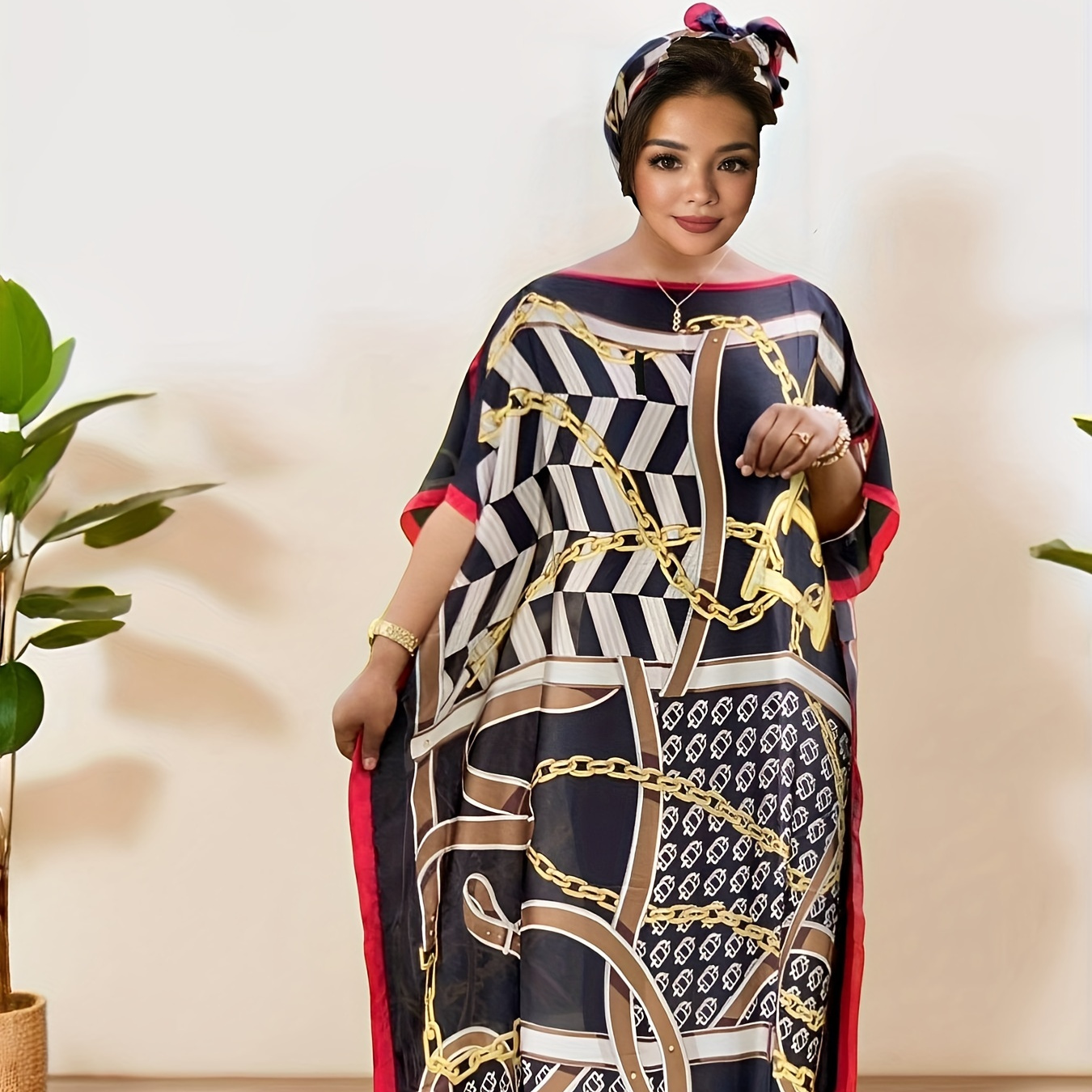 

Plus Size Geometric Print Maxi Kaftan Dress, Modest Crew Neck Short Sleeve Dress, Women's Plus Size Clothing