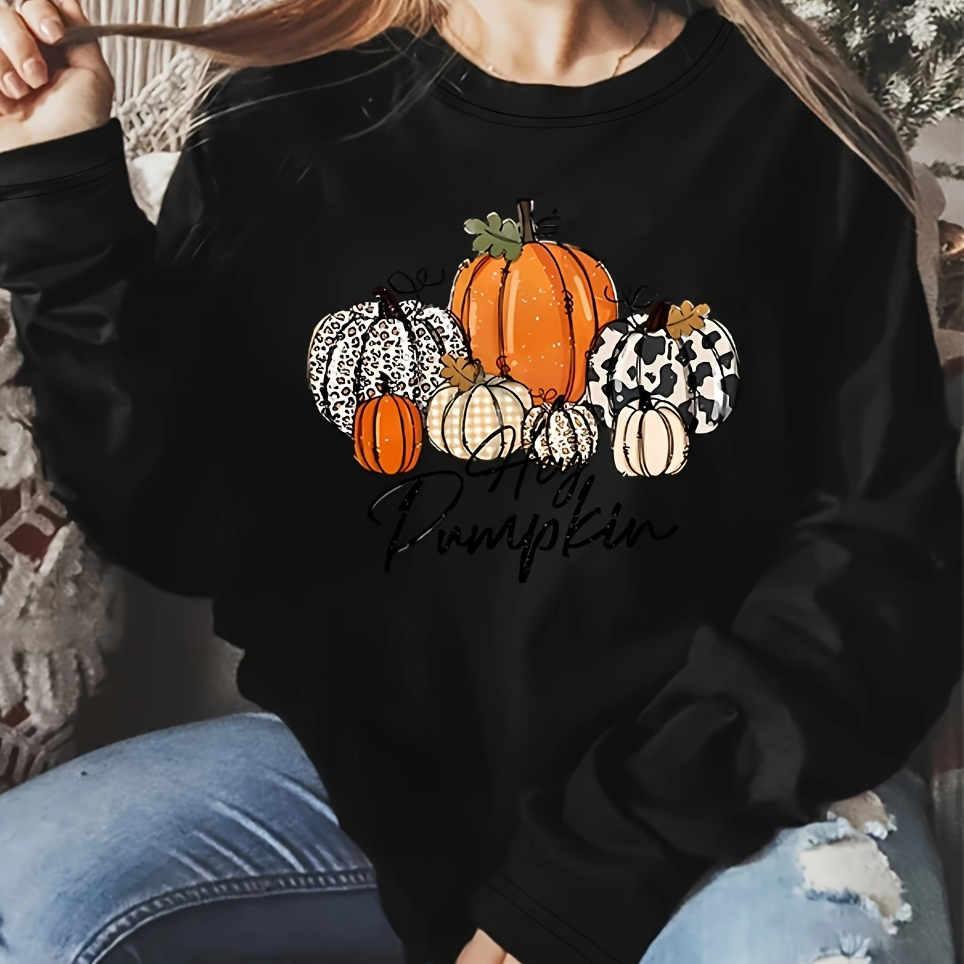 

Plus Size Casual Crew Neck Long Sleeve T-shirt With Pumpkin Print, 100% Polyester Knit Fabric, Medium Stretch, Style For