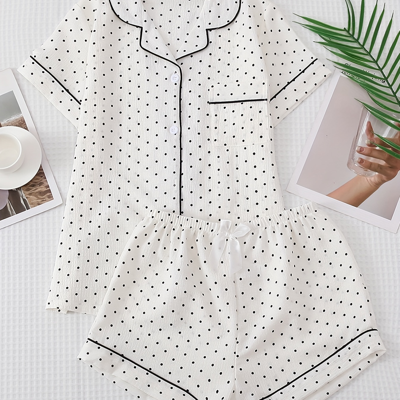 

Polka Dot Pajama Set, Simple Short Sleeve Lapel Buttons Top & Shorts, Women's Sleepwear & Loungewear
