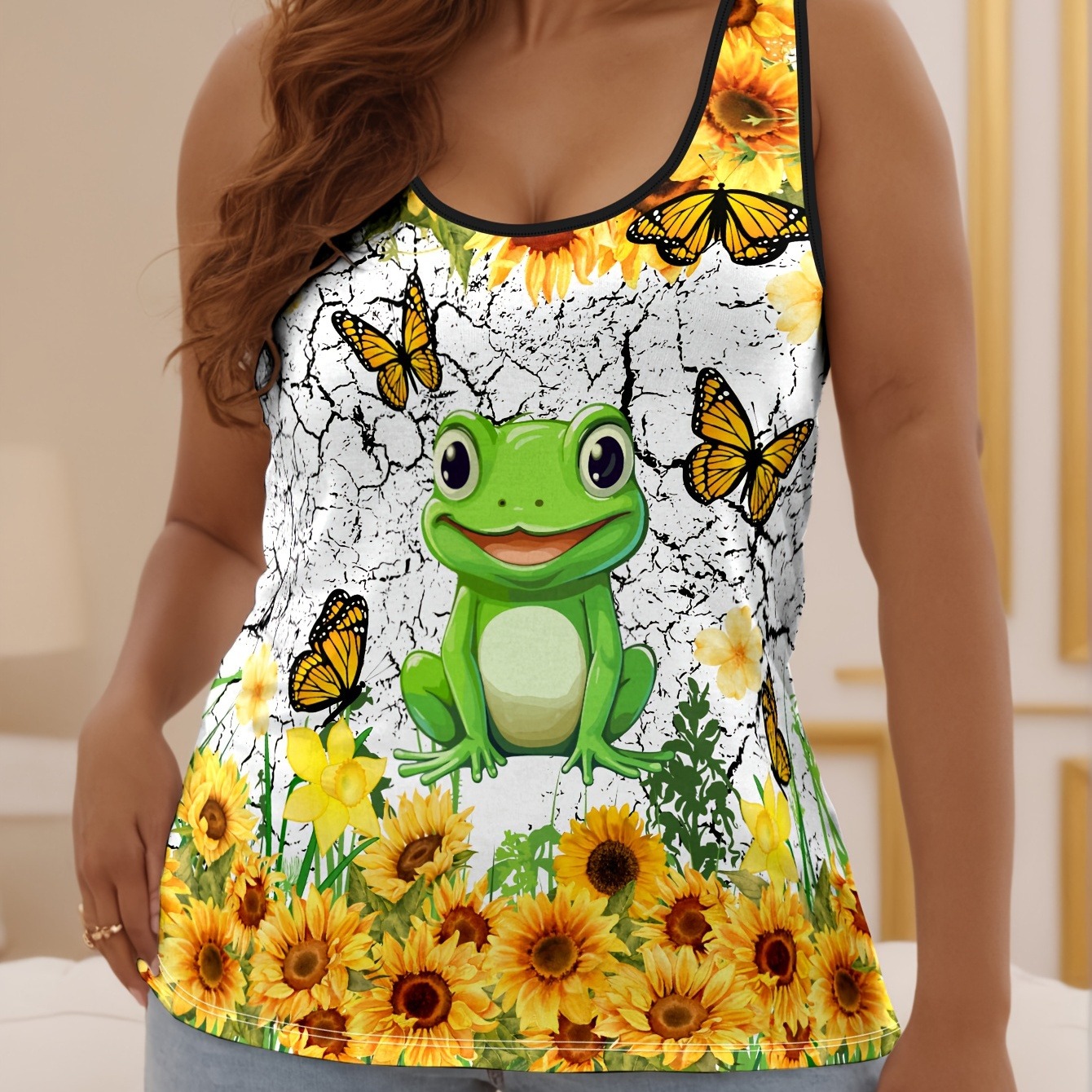 

Plus Size Frog Print Tank Top, Casual Crew Neck Sleeveless Tank Top For Summer, Women's Plus Size clothing