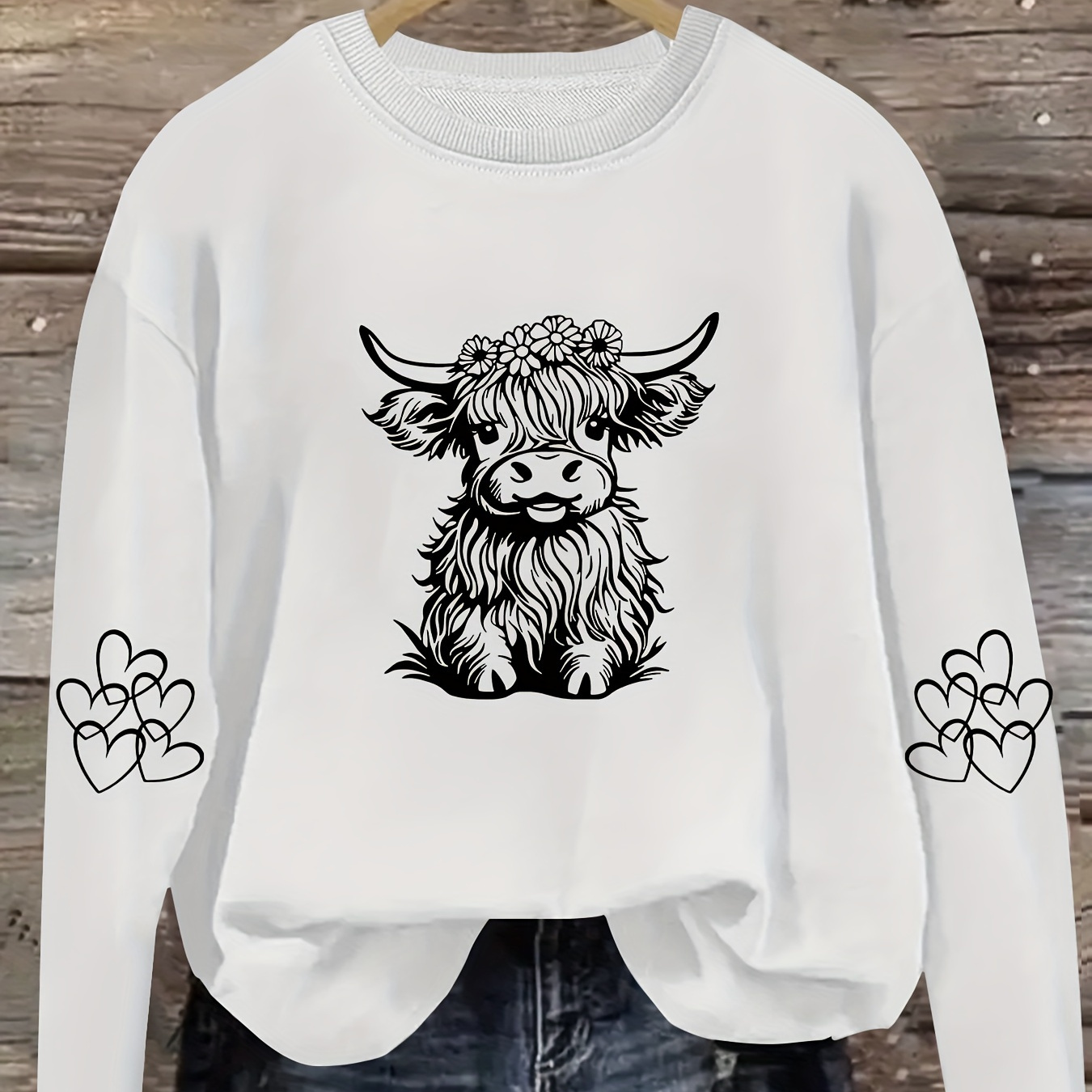 

Women's Plus Size Casual Crew Neck Sweatshirt With Cute Highland Cow , 100% Polyester Knit Fabric, Stretch, Long Sleeve Pullover For Fall/winter