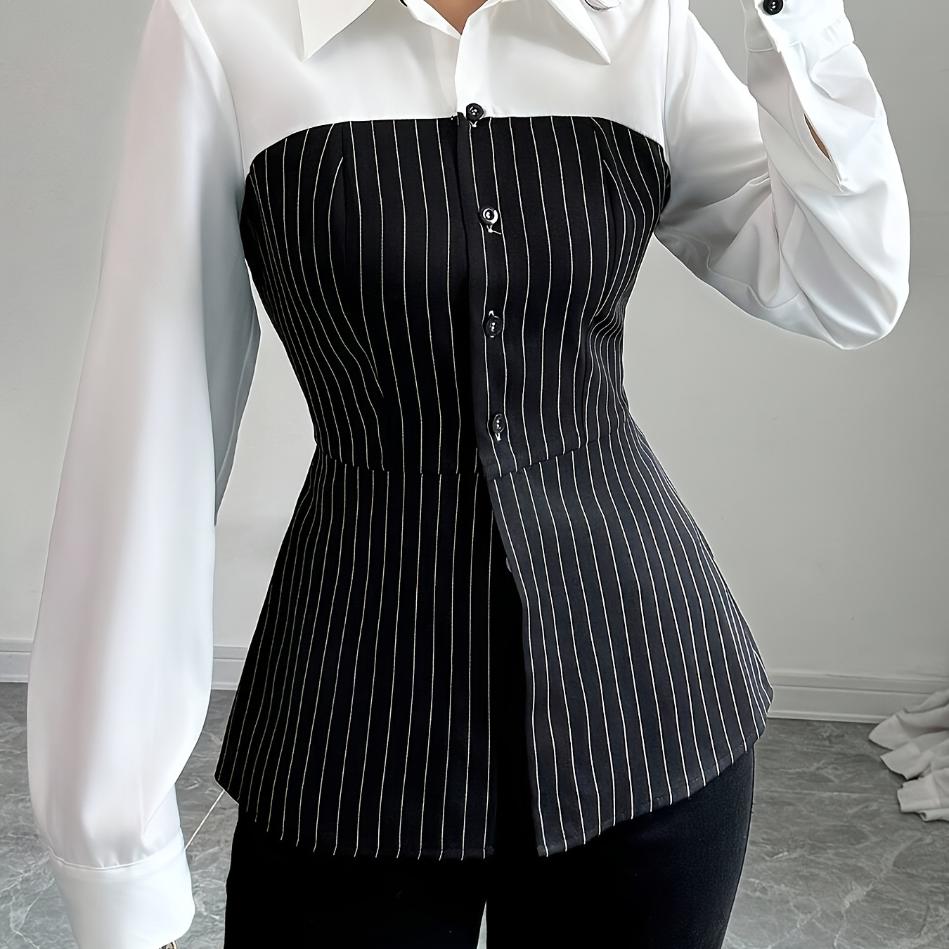 

Elegant Striped Long Sleeve Blouse For Women, Polyester, Machine Washable, Spring/autumn, , Casual Shirt, Elegant Style, Outing , Version, Spring/autumn