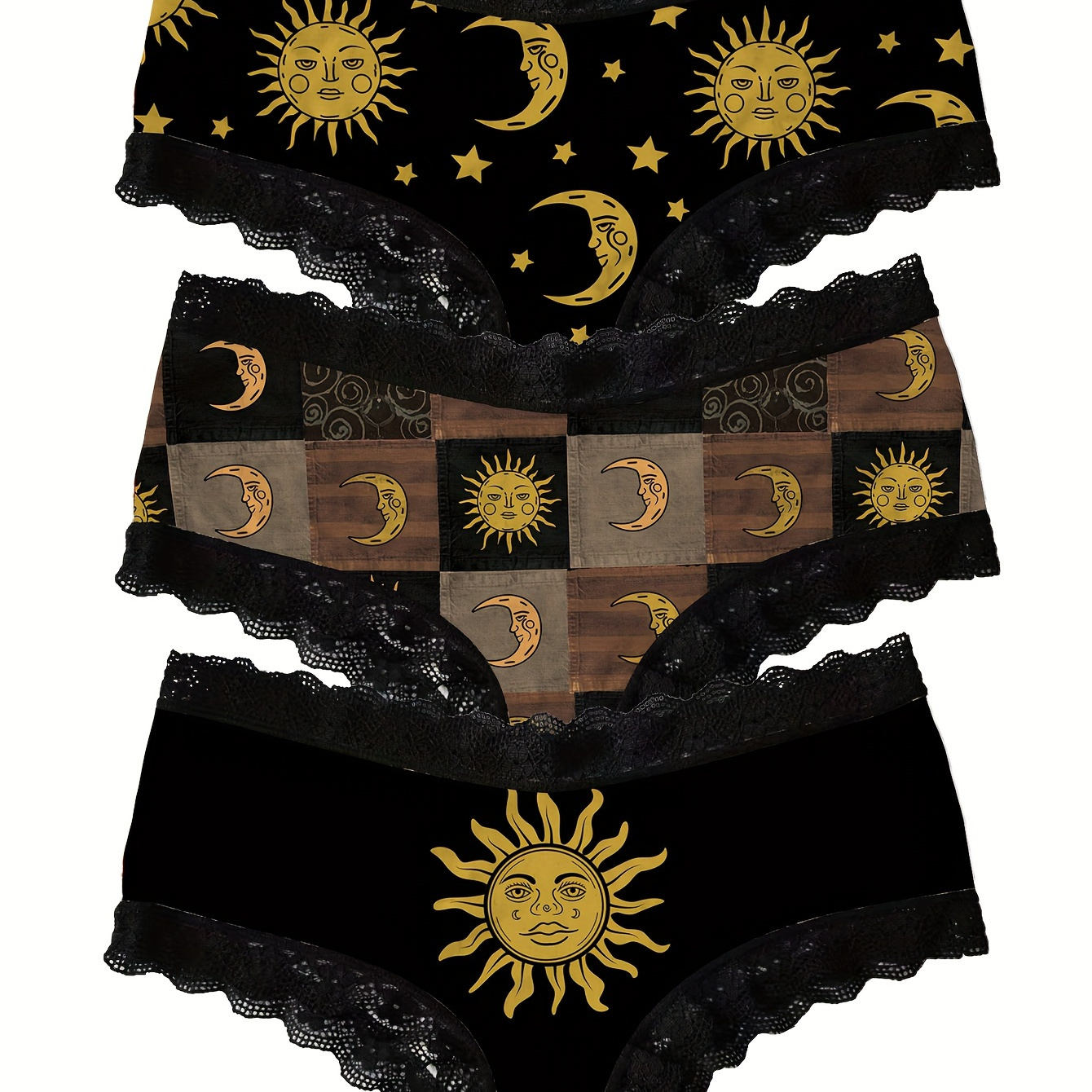 

3pcs Moon & Sun Print Lace Trim Briefs, Comfy Breathable Stretchy Intimates Panties, Women's Lingerie & Underwear