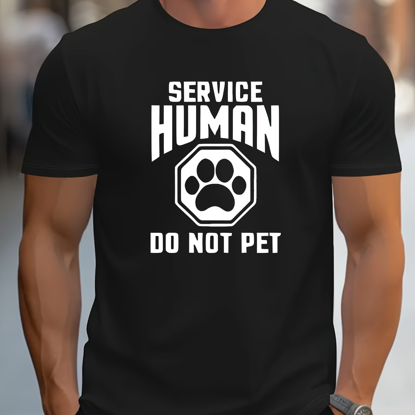 

Service Human Do Not Pet Creative Animal Claw Print, Men's Casual Round Neck Short Sleeve Outdoor T-shirt, Comfy Top For Summer Wear