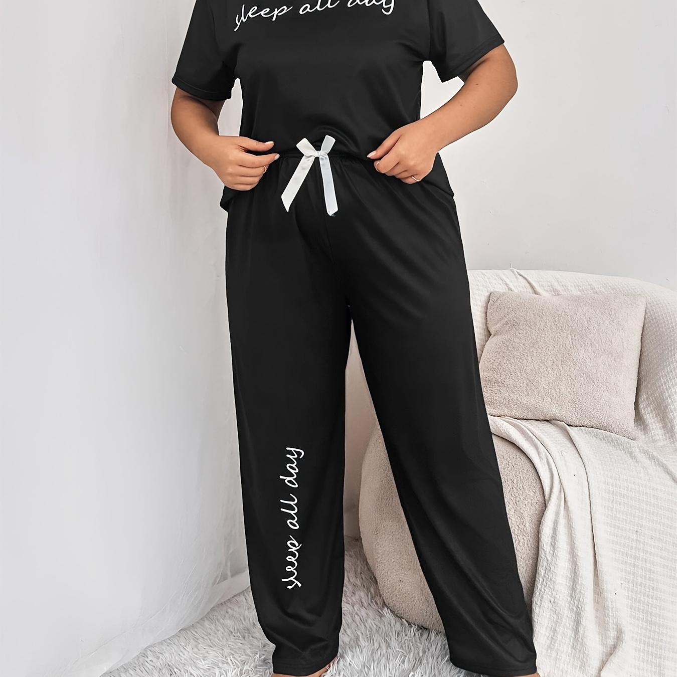 

Plus Size Pajama Set For Women, Polyester Knit Fabric With Stretch, Crew Neck Short Sleeve Top And Pants With Bow Detail, Alphabet Print, For Fall/winter Lounge Sleepwear