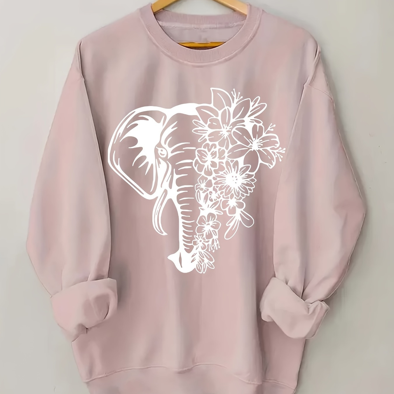 

Sweatshirt Rose Grande Taille Confortable avec Motif Éléphant & Floral - Col Rond Décontracté, Manches Longues, Polyester 250gsm - pour &