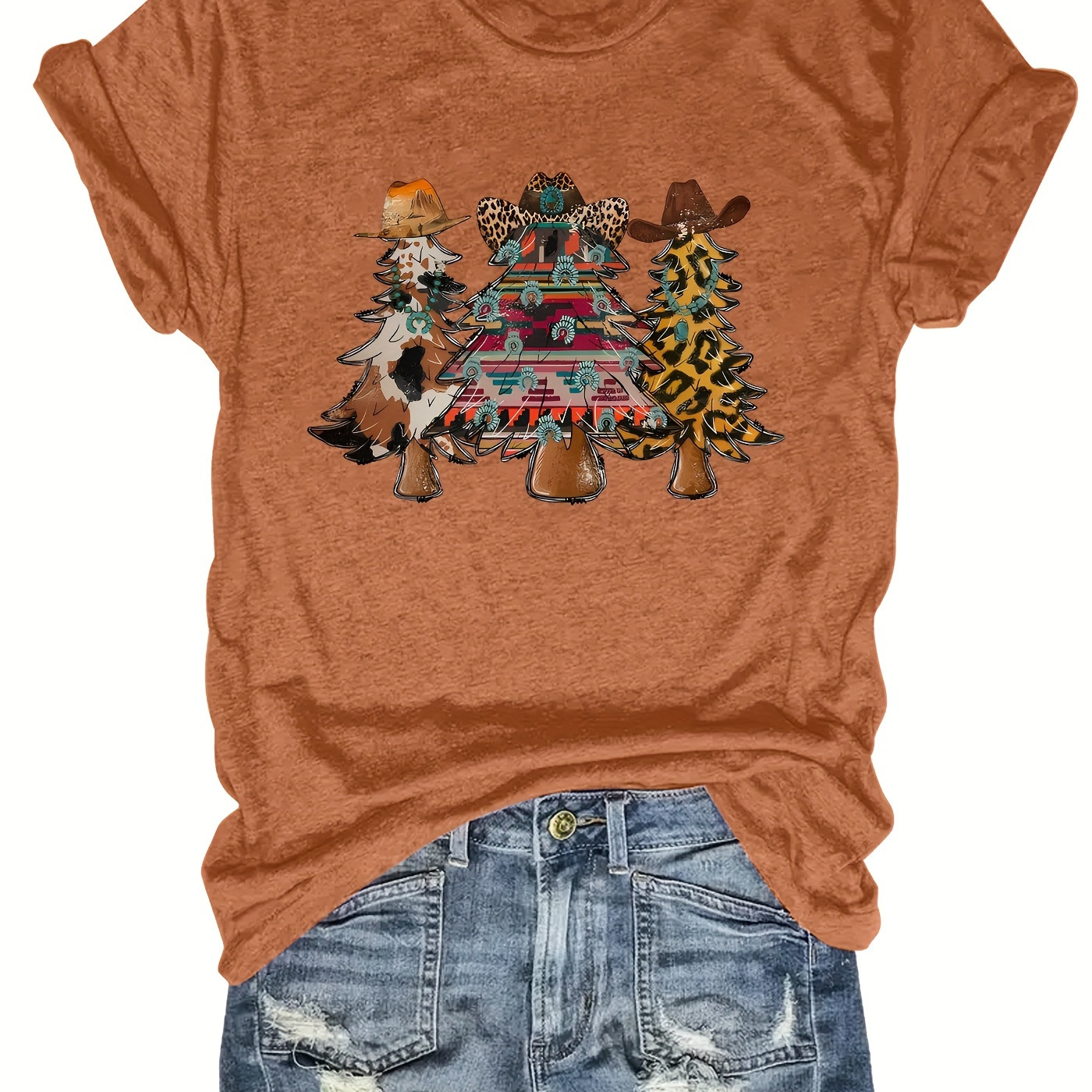 

Women's Christmas Tree & Cowboy Hat T- - , , , Fit - - For