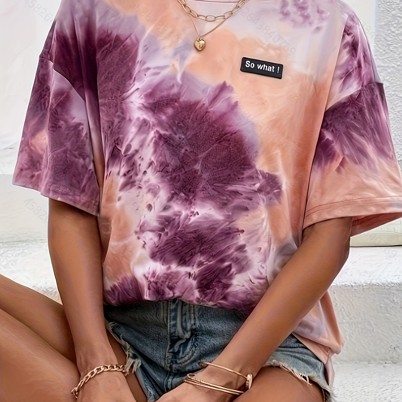 

Tie Dye Crew Neck Patch T-shirt, Casual Short Sleeve T-shirt For Spring & Summer, Women's Clothing