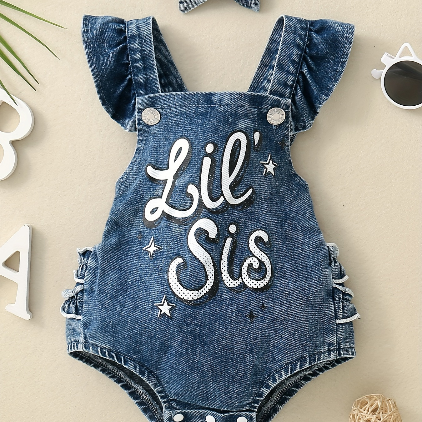 

Baby And Toddler Girls' Denim Belly Lil Sis Letter Print Triangle Romper + Headscarf Set