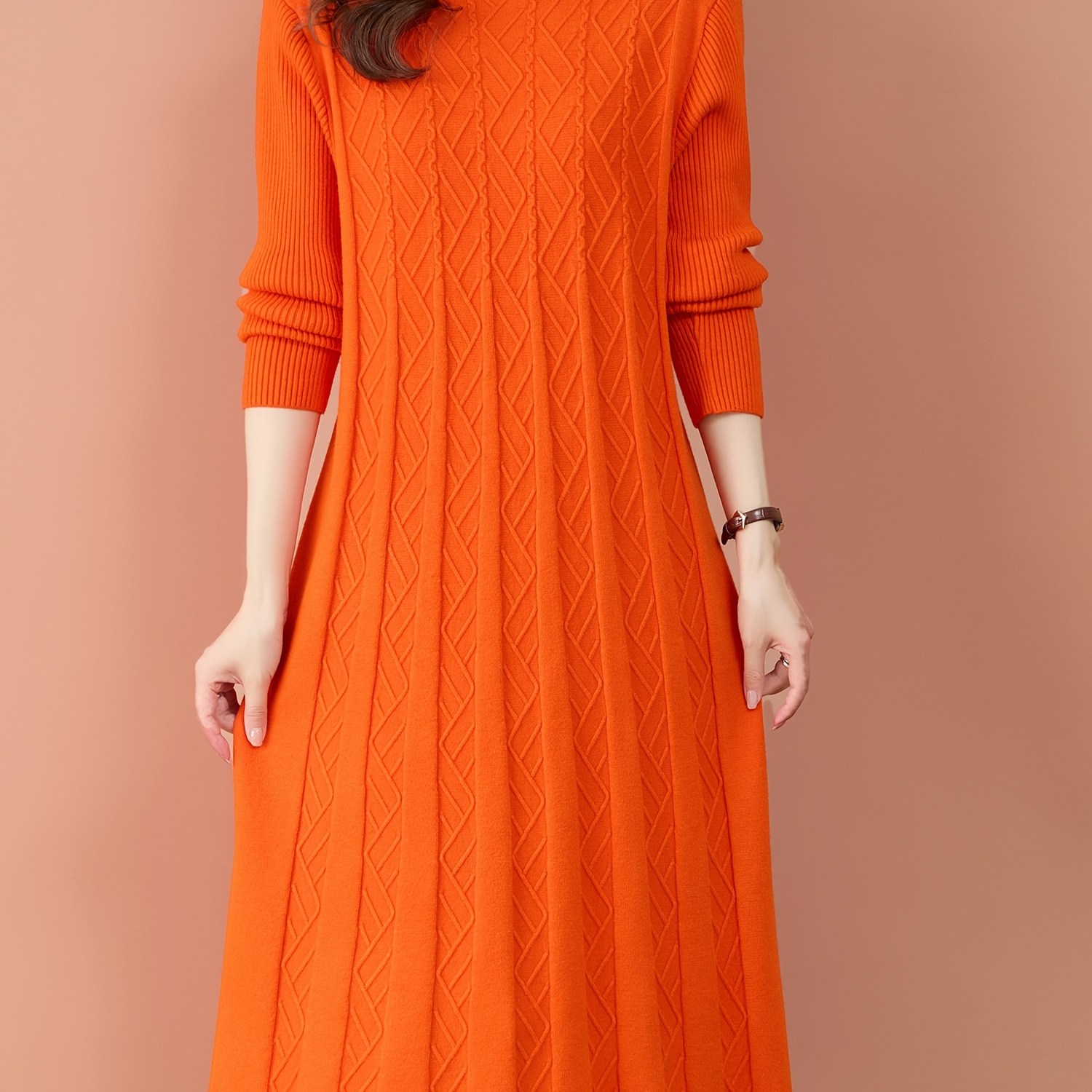 

1pc Viscose Knit Tunic Dress For Women - High Neck, Long Sleeve, Solid Color, Pleated Midi Dress - Soft, Skin-friendly, Regular Fit For Fall/winter - Ideal Birthday Gift