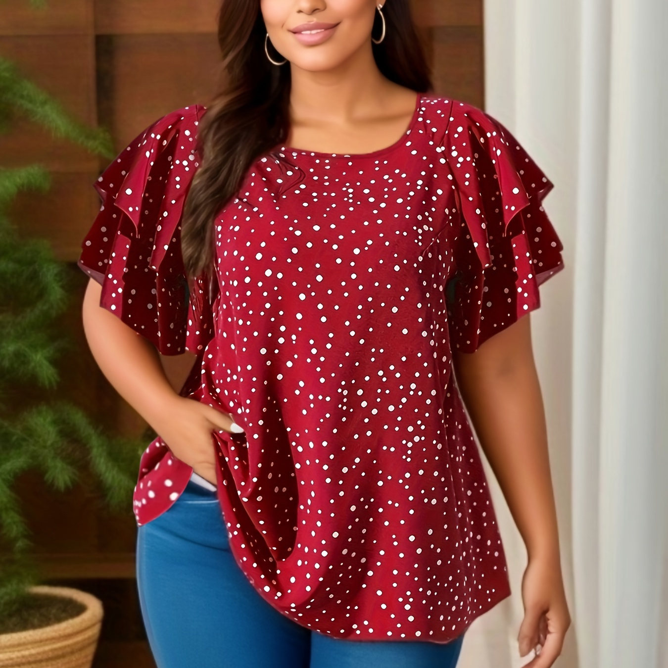 

Plus Size Dot Print Layered Ruffle Trim Top, Casual Crew Neck Short Sleeve Top For Spring & Summer, Women's Plus Size Clothing