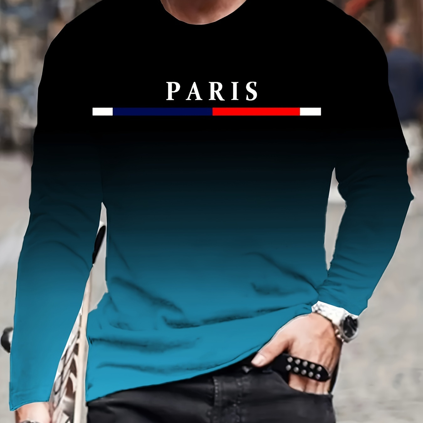 

Men's Gradient Color Paris Graphic Print T-shirt, Casual Long Sleeve Crew Neck Tee, Men's Clothing For Outdoor