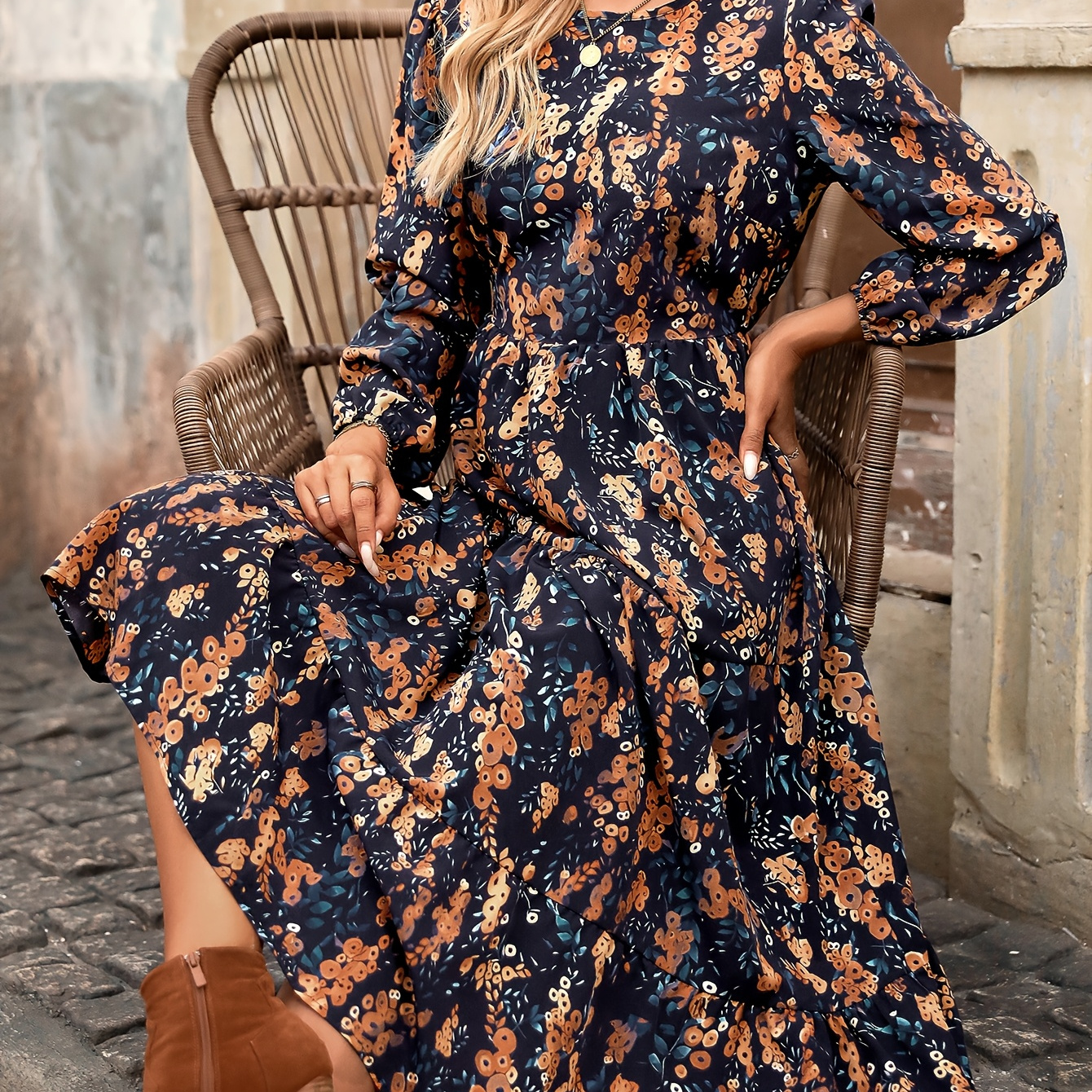 

Robe à imprimé floral col rond, robe à manches longues A-line pour et , vêtements pour femmes