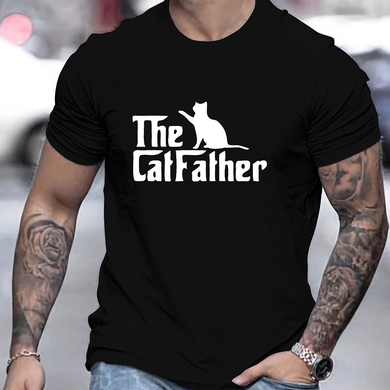 

The Cat Father Print T Shirt, Tees For Men, Casual Short Sleeve T-shirt For Summer