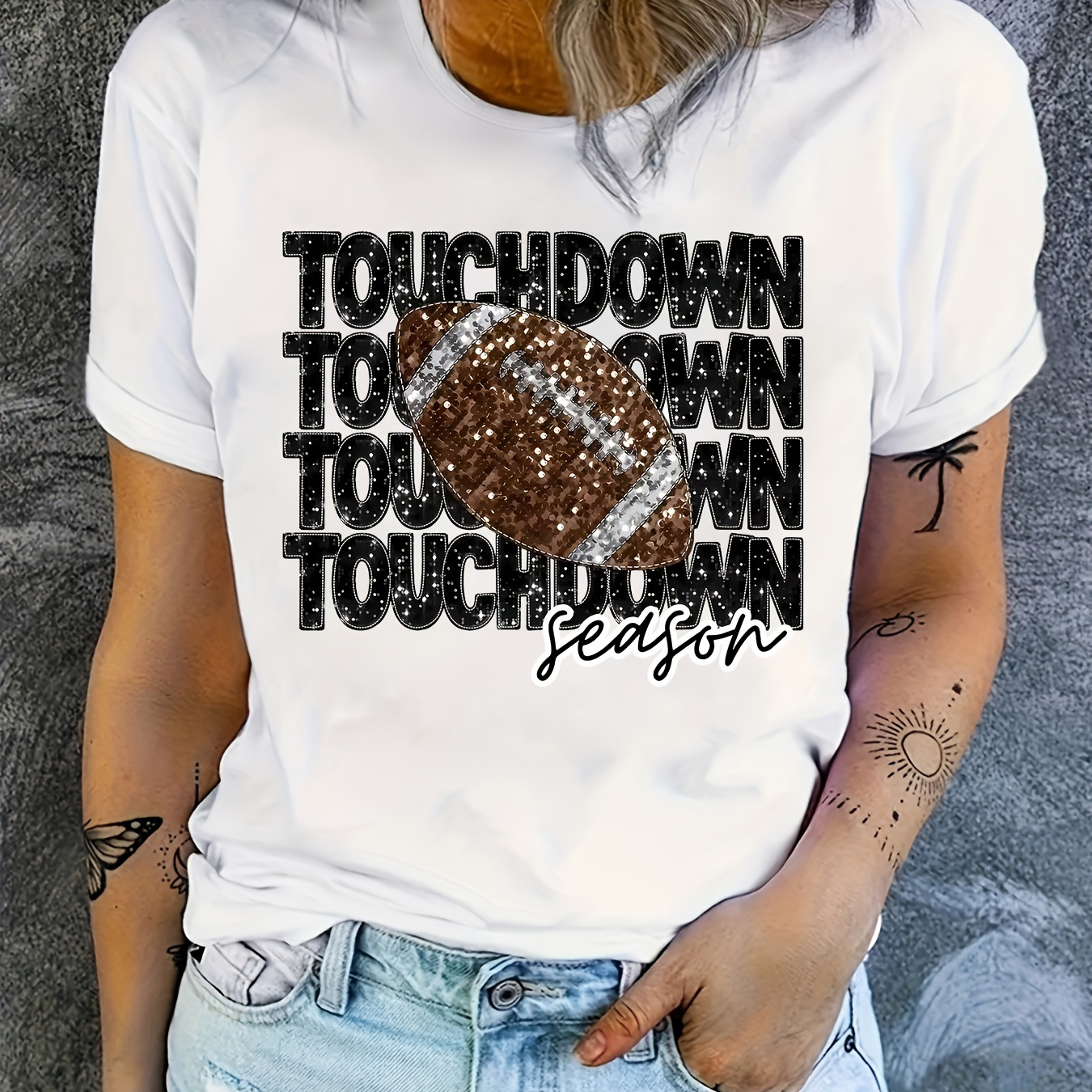 

Women's Polyester Casual Crew Neck T-shirt With Sequin Football 'touchdown' Pattern - Summer Knit Fabric Short-sleeve Regular Length Top