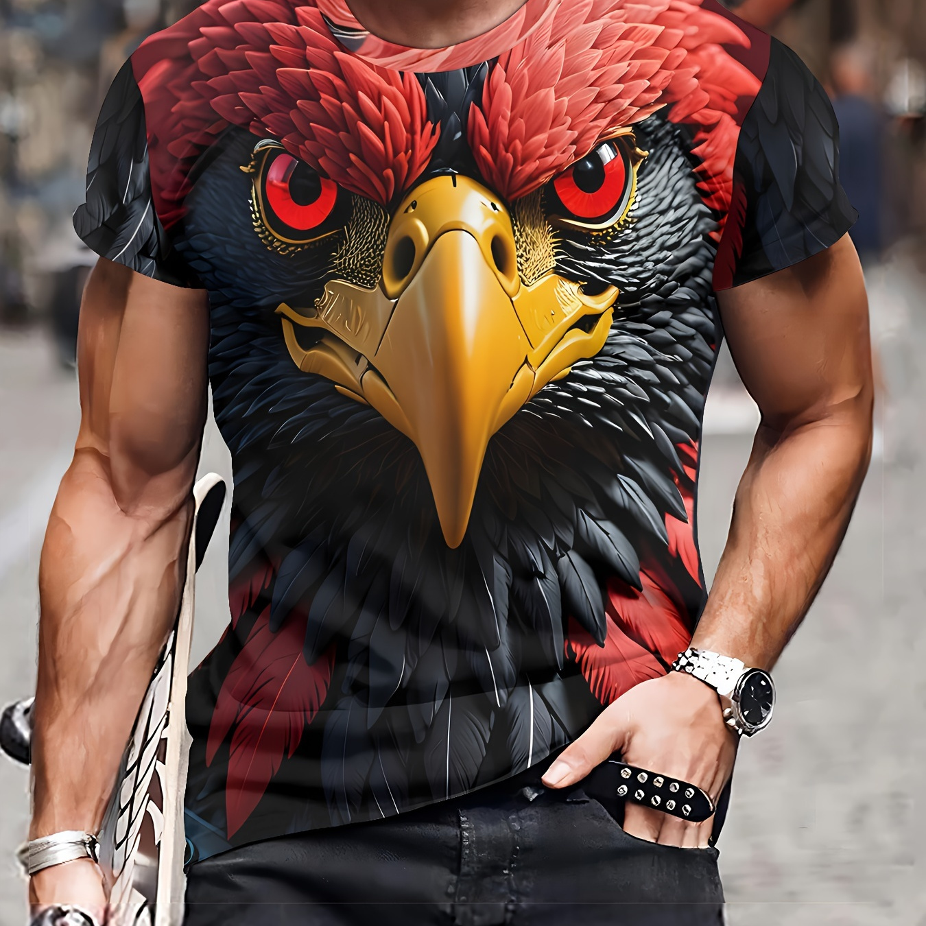 

Men's 3d Eagle Print T-shirt, Casual Crew Neck, 100% Polyester Knit Fabric, Slight Stretch, Regular Fit, 110gsm - Stylish Graphic Tee