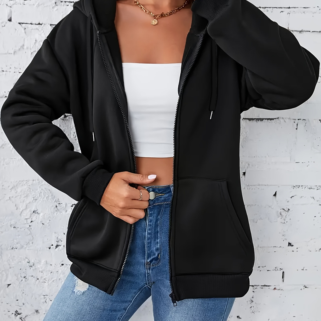 

Solid Color Zipper Pocket Front Hoodie, Casual Long Sleeve Drawstring Hooded Sweatshirt For Spring & Fall, Women's Clothing