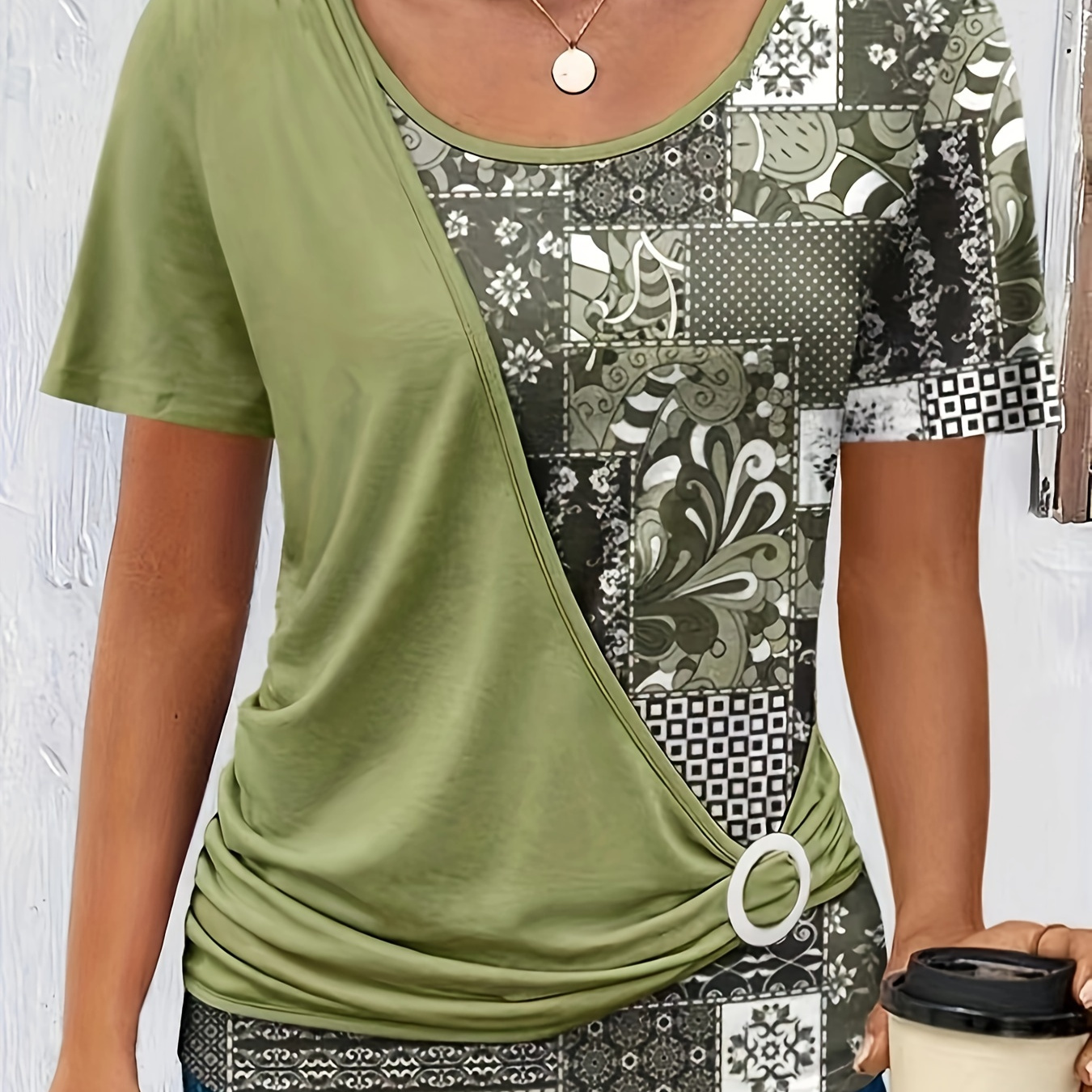 

Color Block Crew Neck T-shirt, Elegant Asymmetrical Short Sleeve T-shirt For Spring & Summer, Women's Clothing