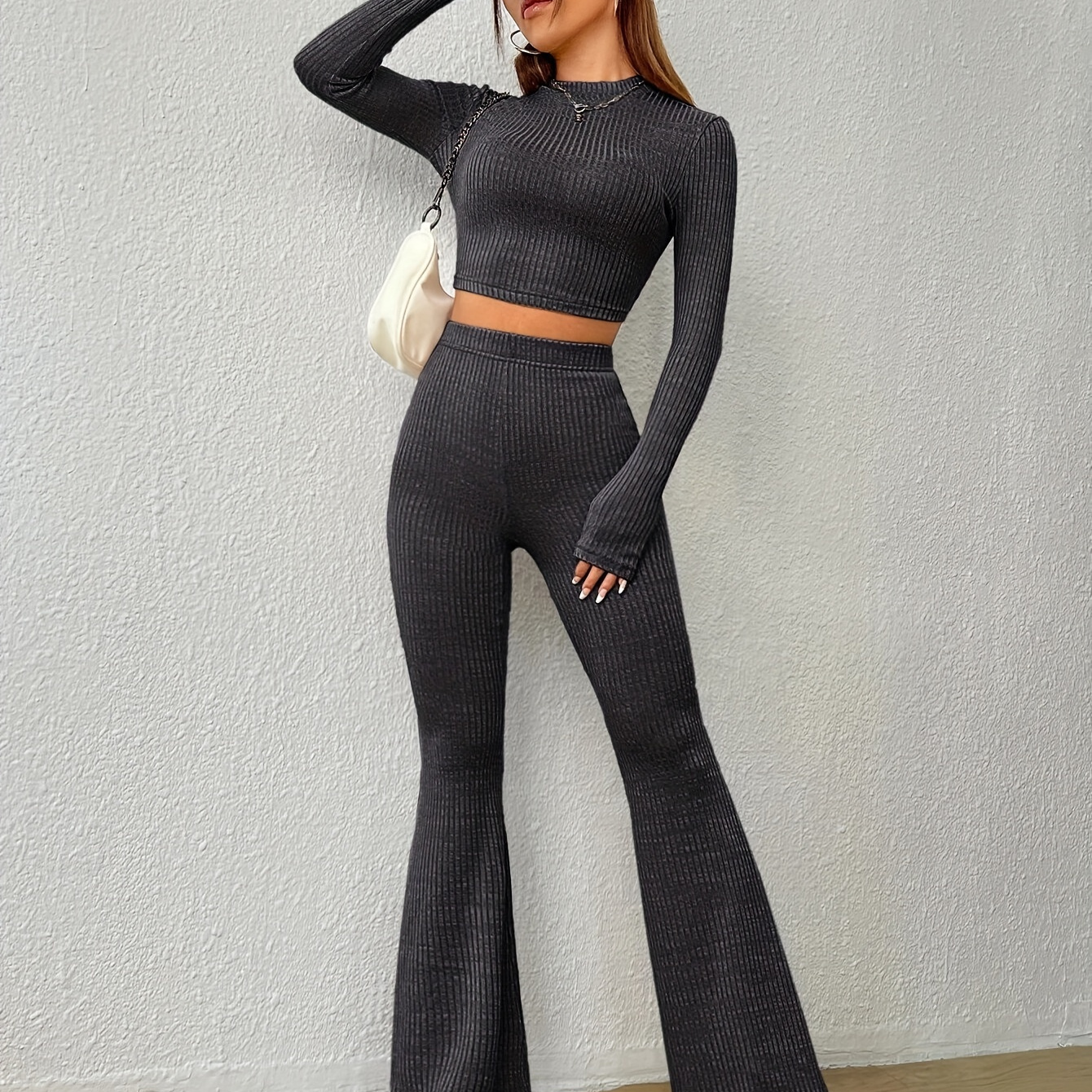 

Solid Ribbed Casual Pants Set, Long Sleeve Mock Neck Crop Top & Flared Leg Bodycon Pants Outfits, Women's Clothing