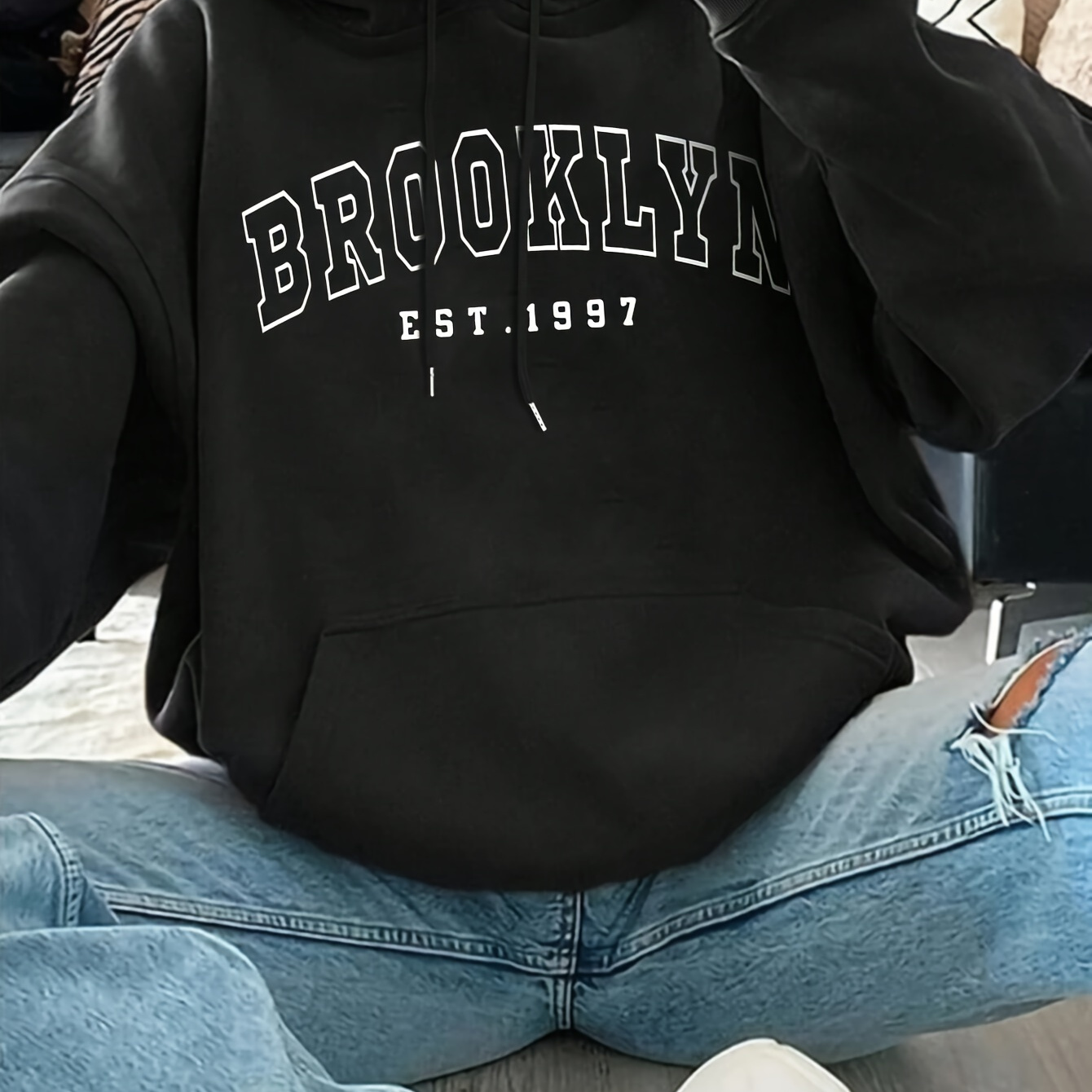 

Casual Brooklyn Print Hoodie Sweatshirt Sportswear Pullover With Drawstring Hood – Fashionable Outerwear For Fall & Winter