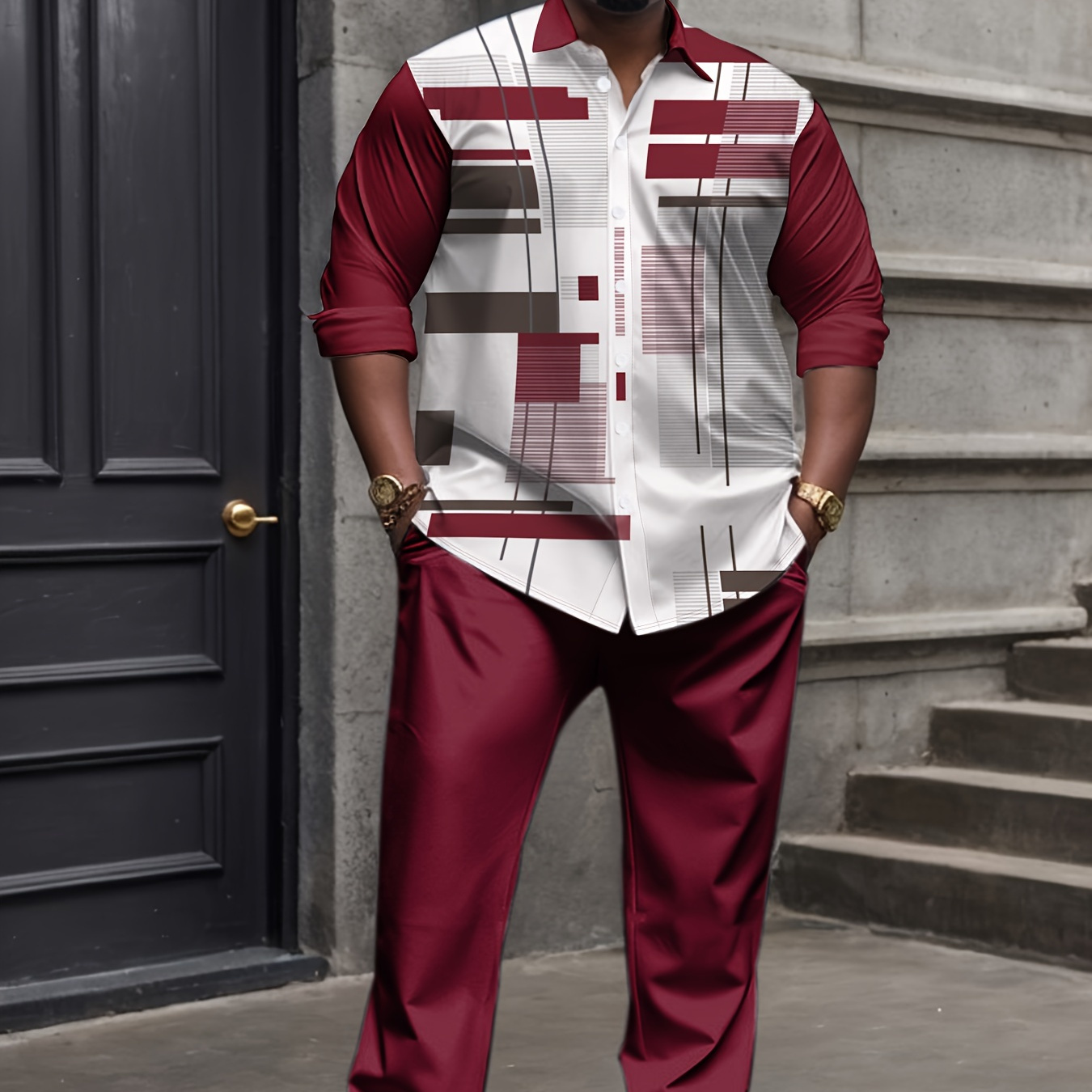 

Large Size Men's Knit Shirt Set, Plus Size