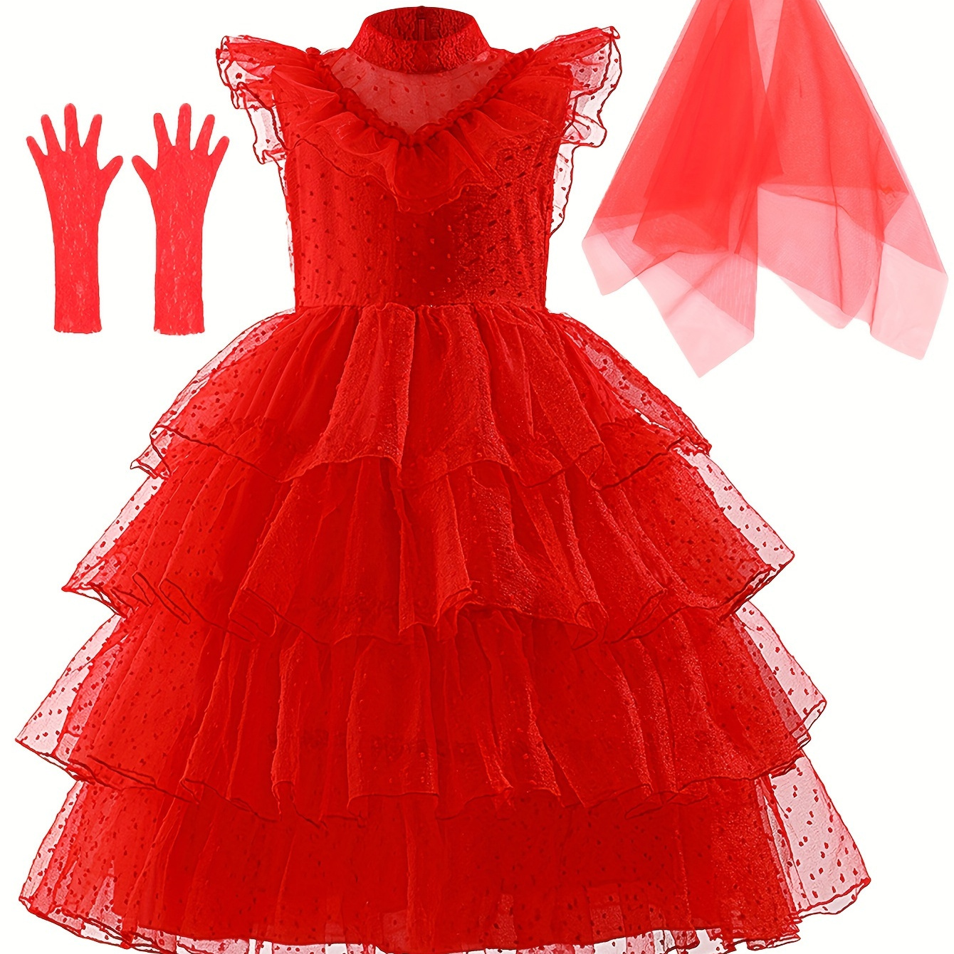 

Girls Stylish & Stunning Solid Red Mesh Ruffle Trim Sleeveless Layered Hem Tutu Dress & Veil & Gloves For Halloween Party, Girls Dress Up Outfit