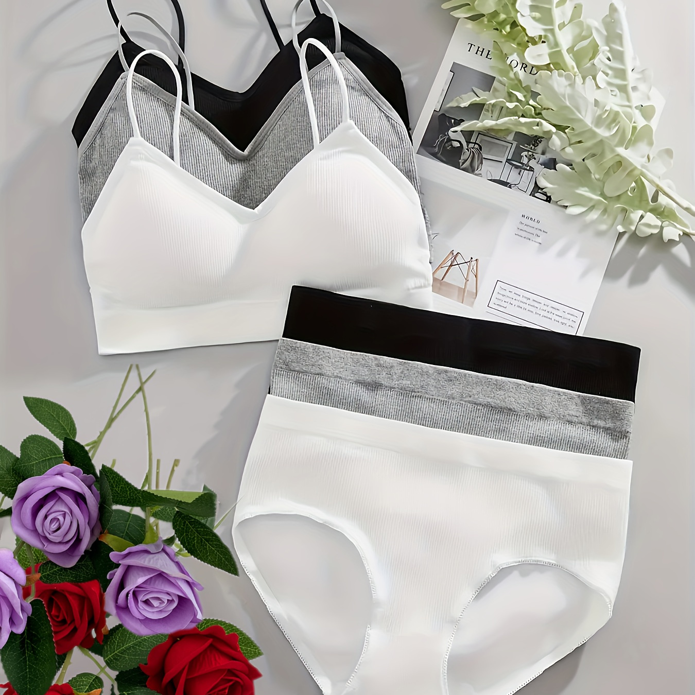 

3pcs Set Of Plain Ribbed Bra And Panties, Bra And Elastic Panties, Underwear Set B216-3 Black + White + Gray