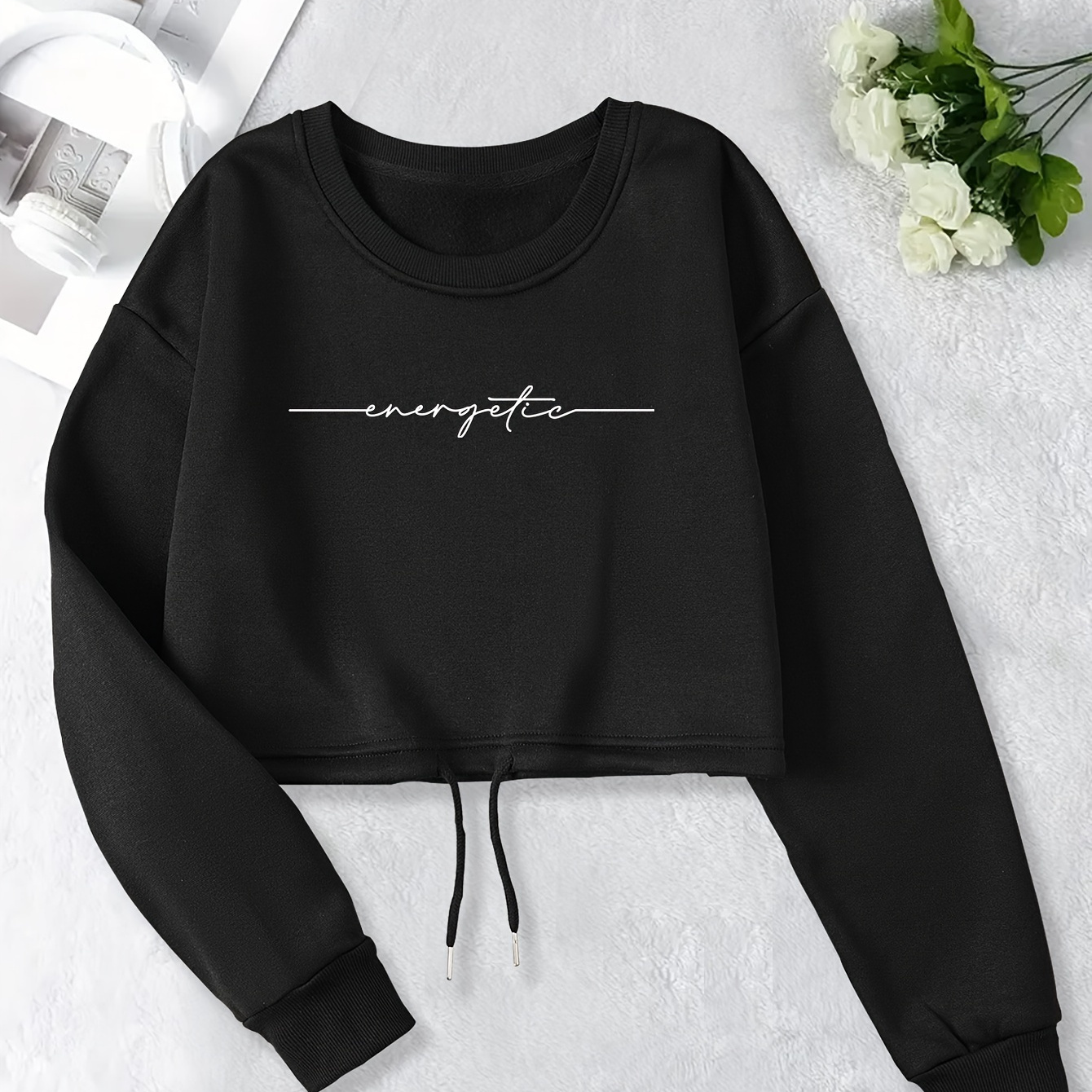 

Women's Casual Cropped Crew Neck Sweatshirt With Drawstring For Fall & Winter