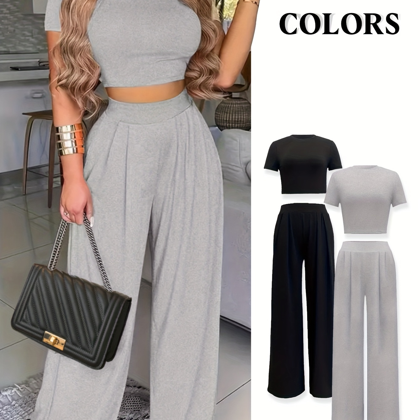 

2 Pack Solid Color Sporty 2 Piece, Short Sleeve Slim T-shirt & Loose Waist Pants, Women's Clothing