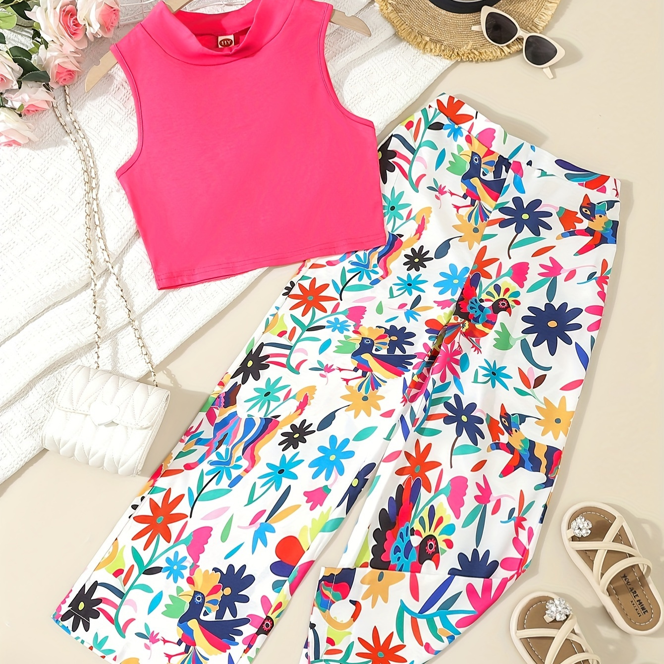 

Girl's Set, Y2k Style Sleeveless Top + Floral Loose Pants 2-piece Casual Holiday Going Out Girls Summer Clothes