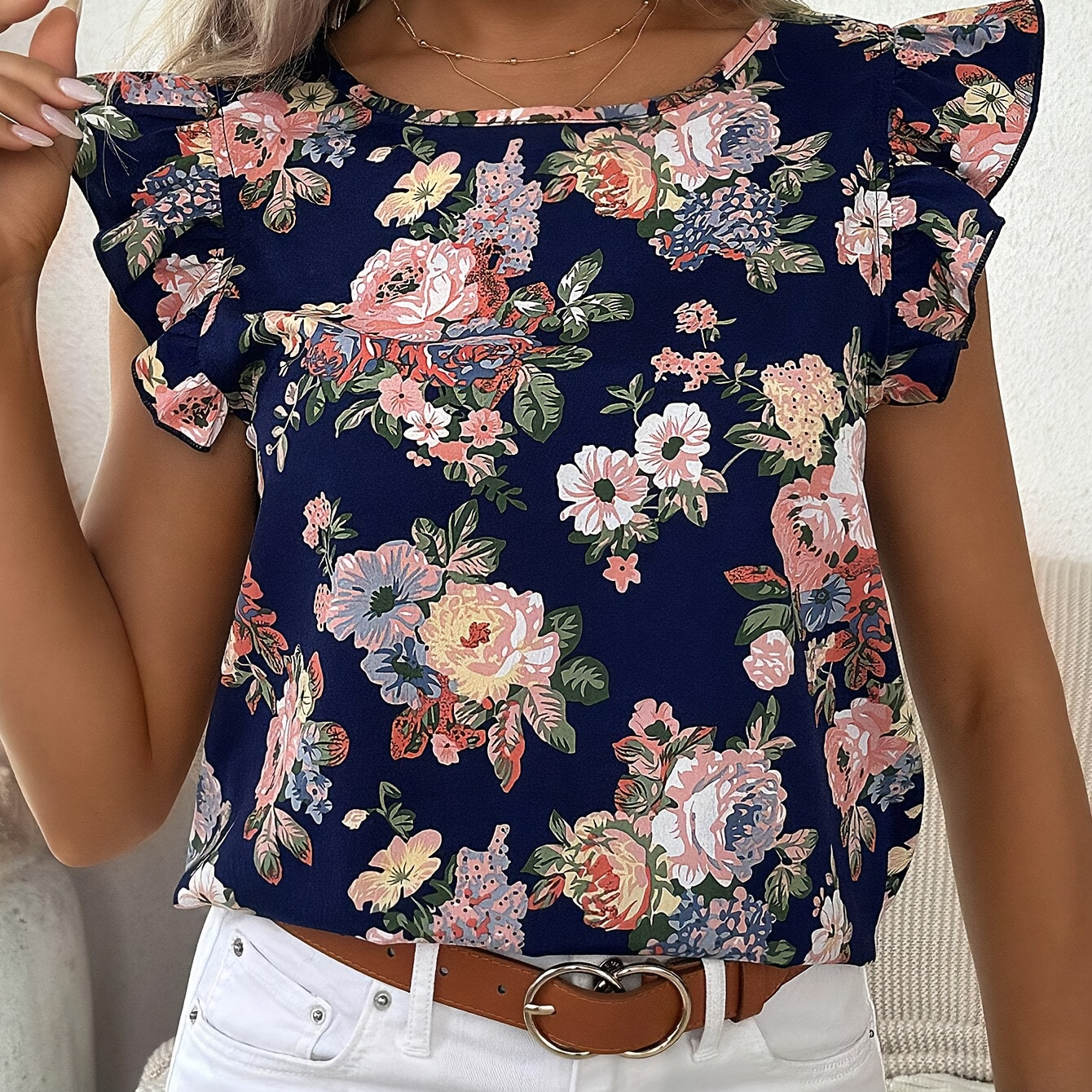 

Floral Print Ruffle Trim Blouse, Vintage Crew Neck Blouse For Spring & Summer, Women's Clothing