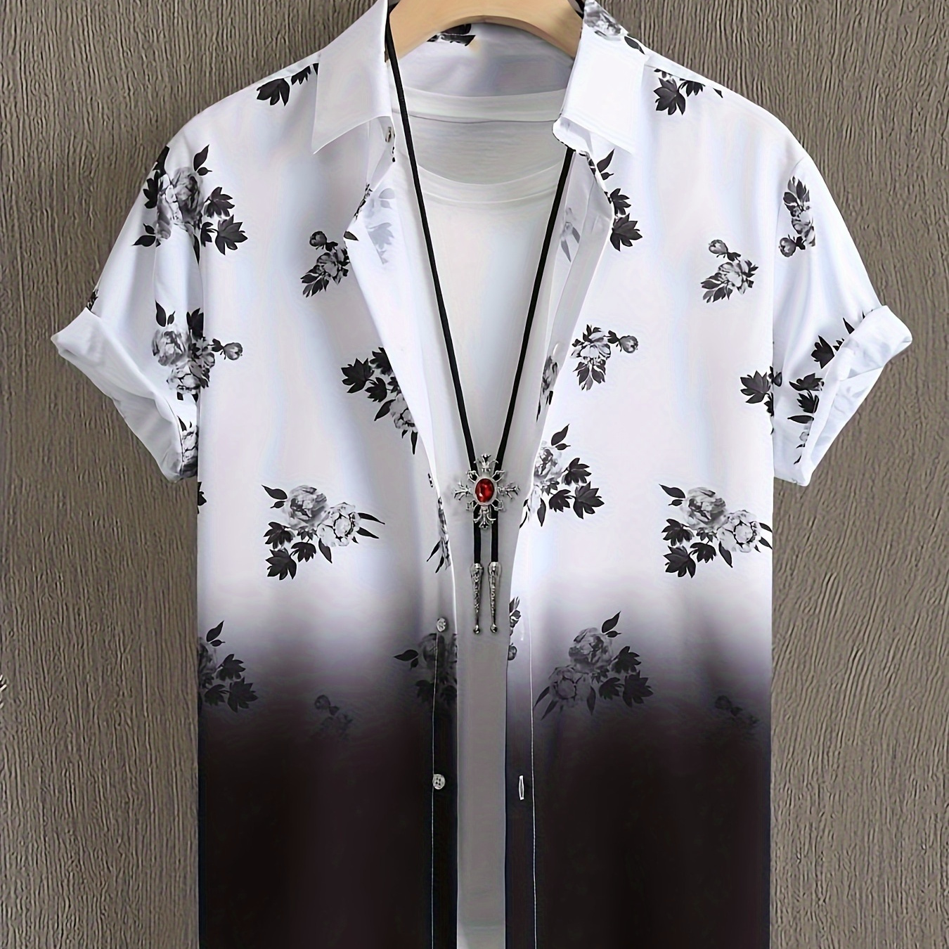 

Men's Tropical Floral Print Short Sleeve Shirt, Casual Summer Hawaiian Vacation Style, Button-up Top