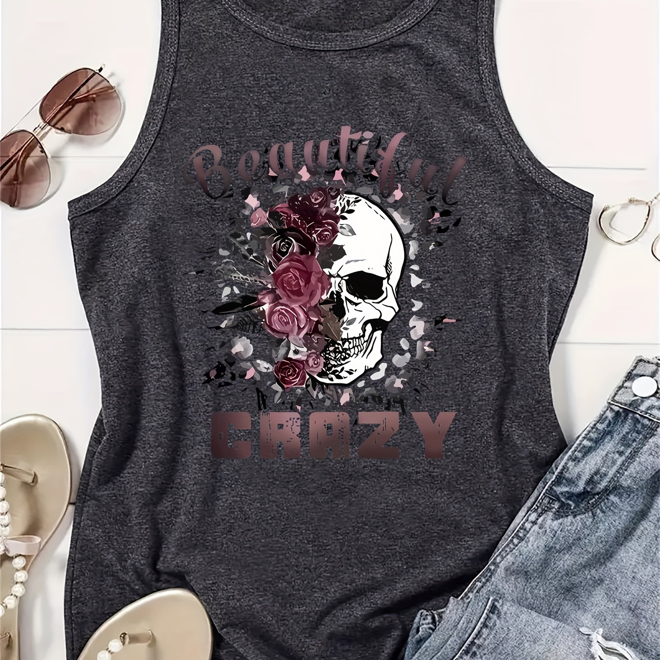 

Plus Size Crazy & Skull Print Tank Top, Casual Sleeveless Crew Neck Top For Summer & Spring, Women's Plus Size Clothing