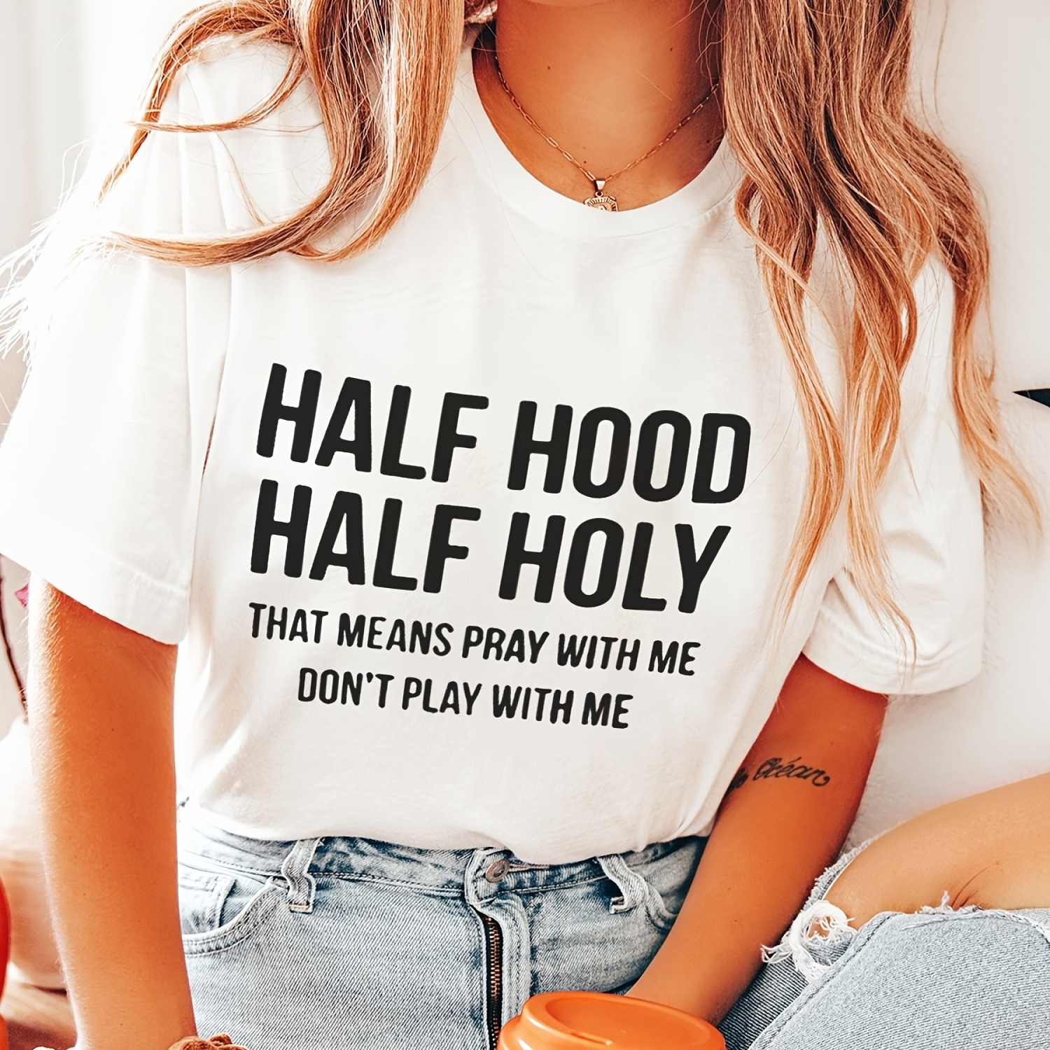 

Women's "half Hood Half " Letter Print T-shirt - Casual Crew Neck Short Sleeve Top For , 100%, White With Black Text Design, Casual | Relaxed Fit Shirt | Medium , Ladies T Shirts