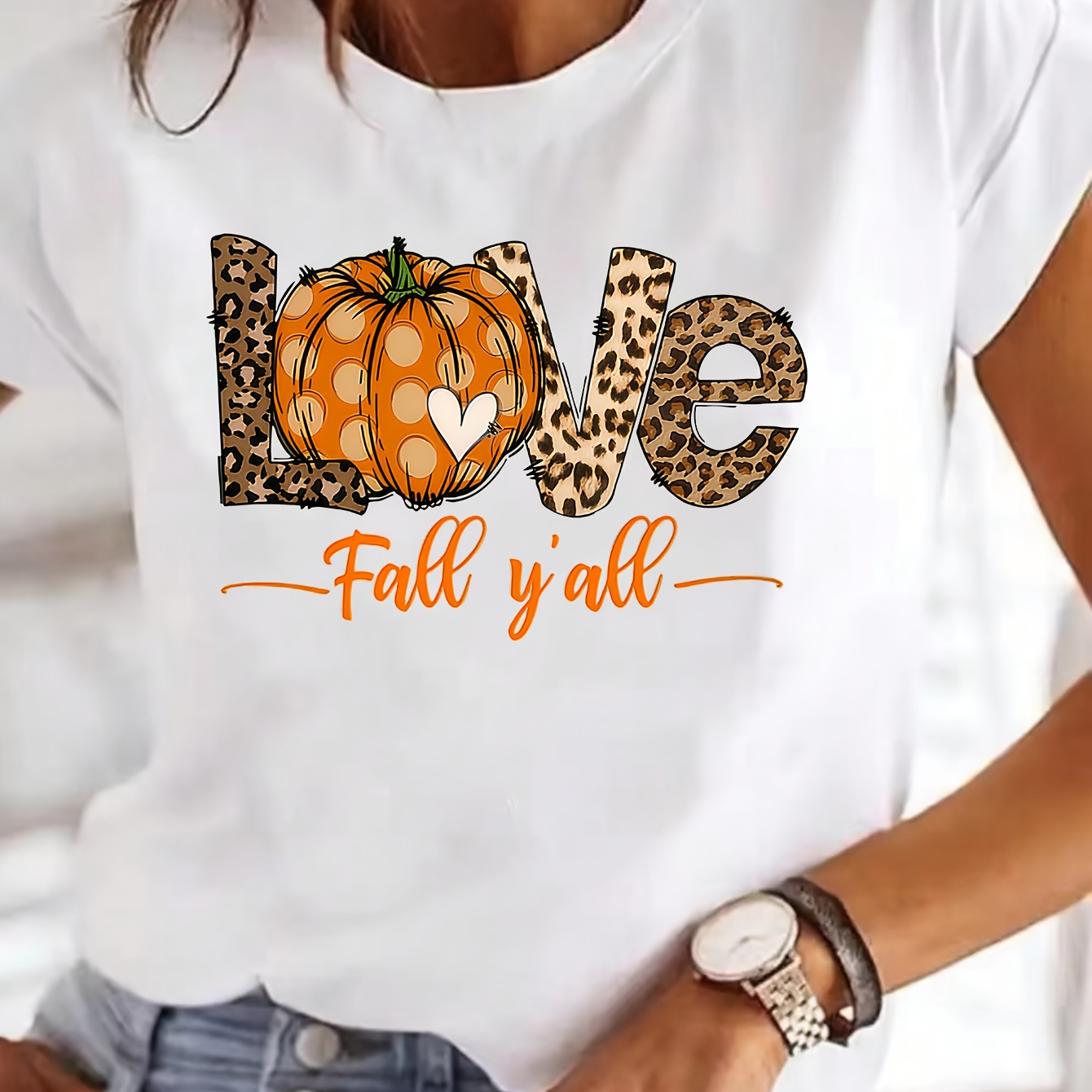 

Pumpkin Print T-shirt, Short Sleeve Crew Neck Casual Top For Summer & Spring, Women's Clothing