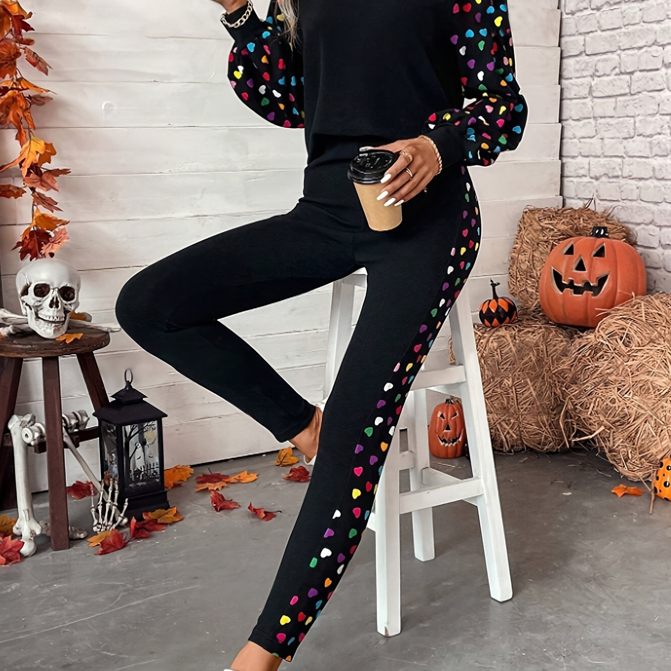 

1 Set Women's Polyester Heart Print Crew Neck Sweatshirt And Leggings, Knit Fabric, Casual Outfit