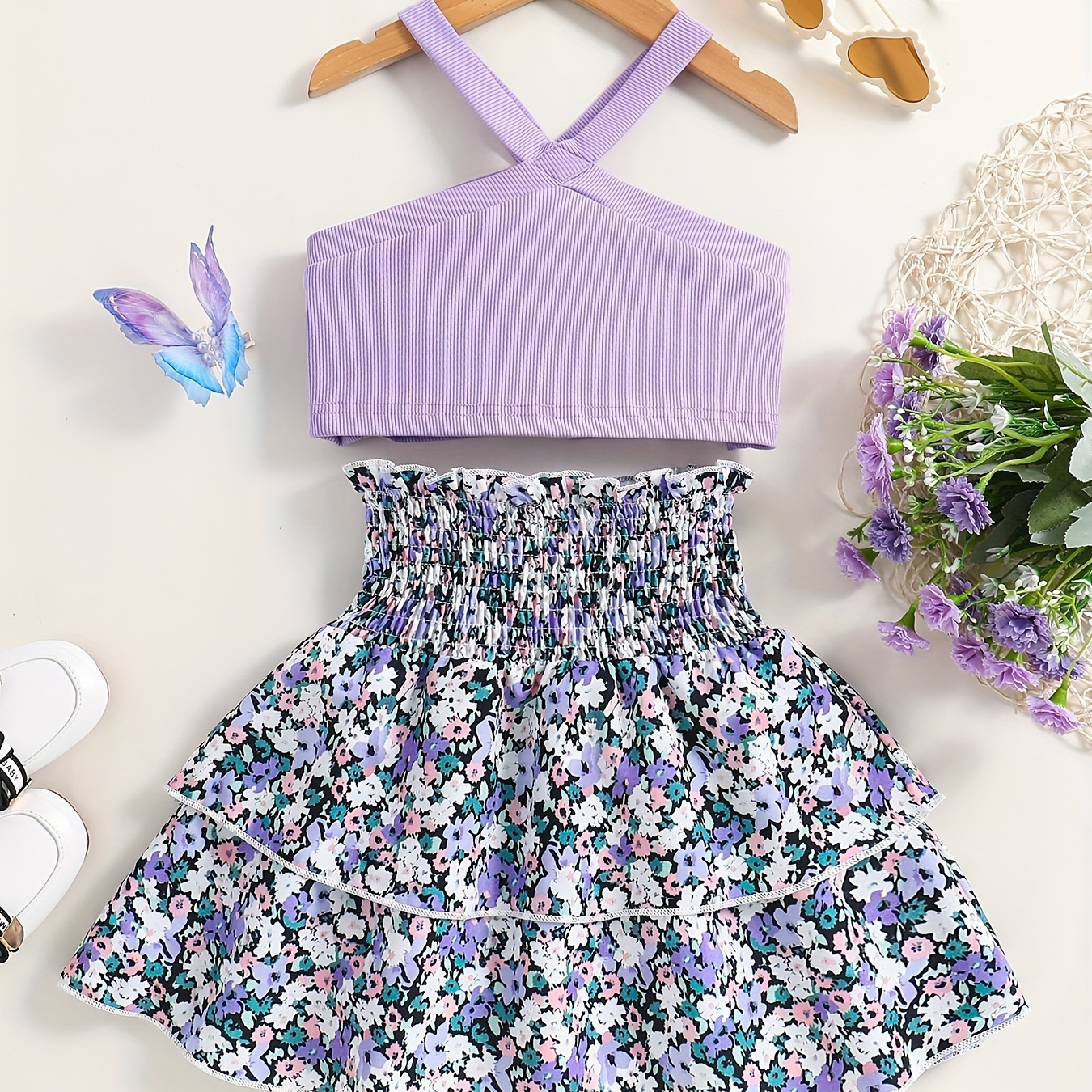 

Girl's 2pcs Sweet Floral Print Skirt + Solid Halter Top Casual Cute Set, Girls Outfit Summer Clothes
