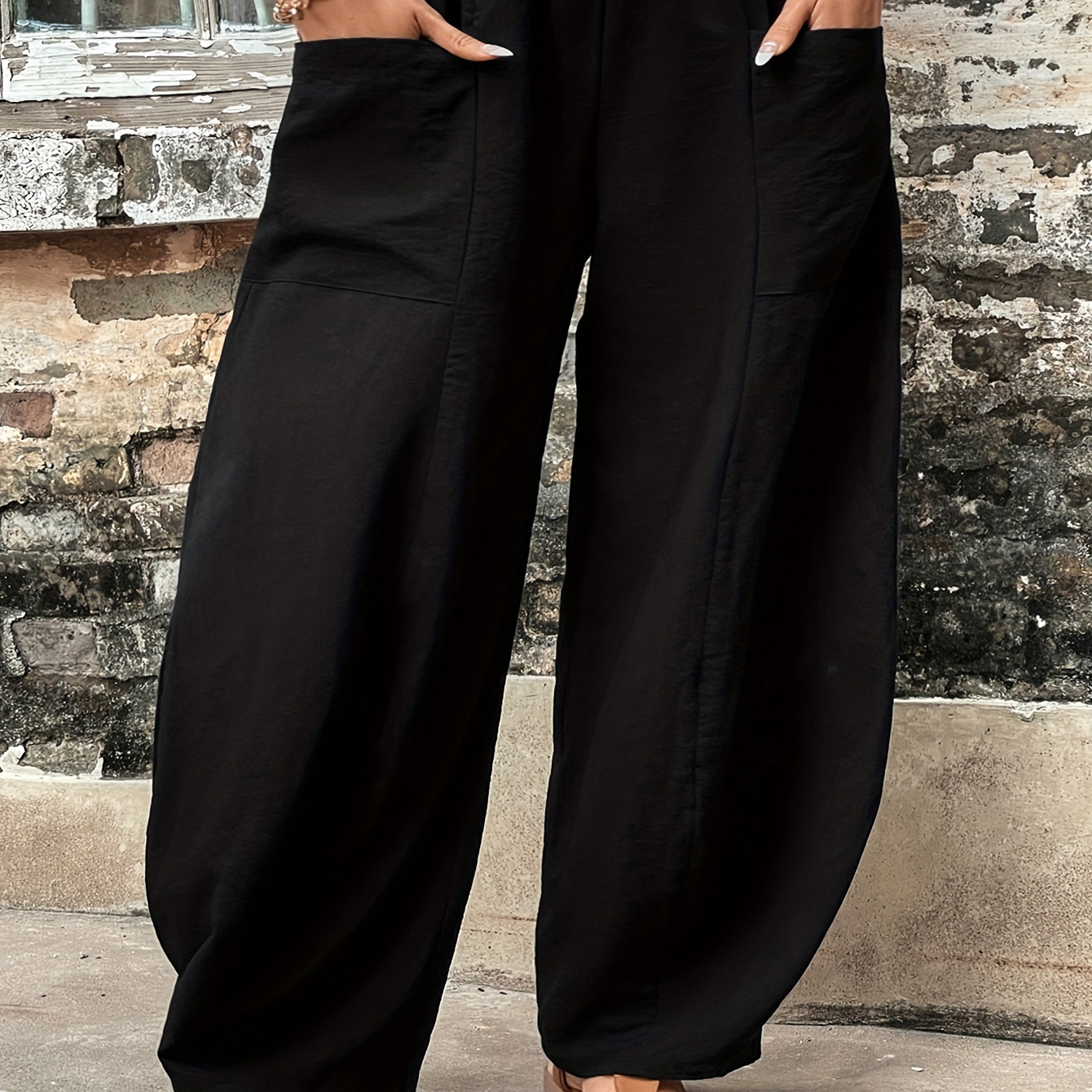 

Plus Size Solid Color Pockets Pants, Casual Waist Pants For , Women's Plus Size Clothing